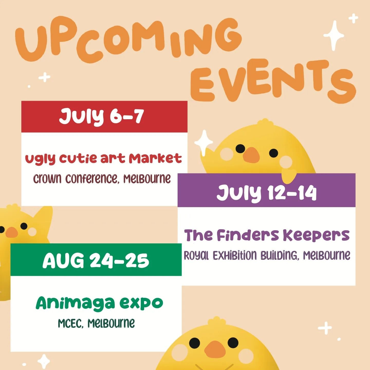 Save you days!!!! 👀 upcoming events in July and August 2024.

*New items will be launched soon, so stay tuned. ✨️

#upcoming #artmarket #melbournesmallbusiness #Melbourne #chicken #convention