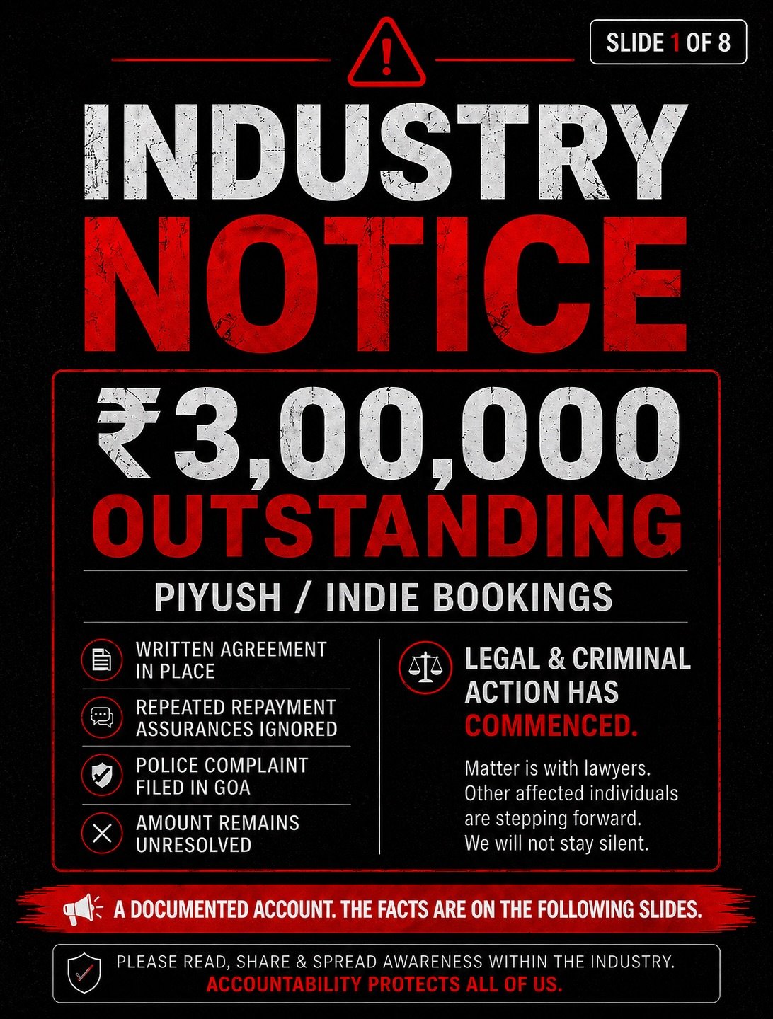 INDUSTRY NOTICE &mdash; PLEASE READ &amp; SHARE.
piyushhraj @indiebookings

I am sharing this publicly after repeated attempts to resolve this matter privately.

On 6 May 2025, I entered into a written agreement with Piyush Raj / Indie Bookings in co