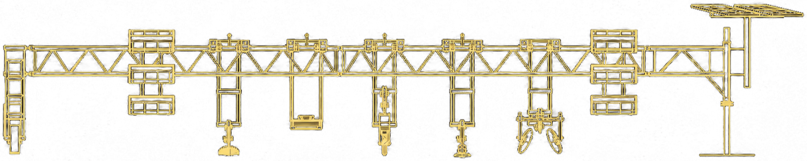 Technisch tekening van een circlefarm-arm in goudkleur op een zwart achtergrond.