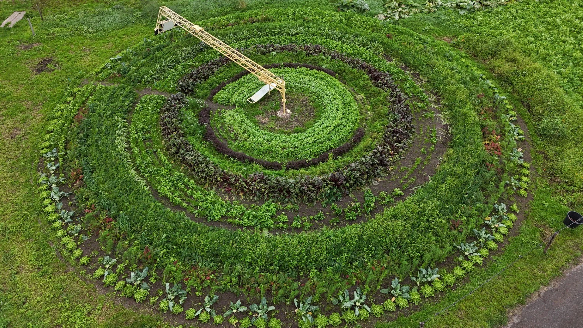 Luchtfoto van een cirkelvormig moestuin met gewassen, voorzien van een Circlefarming Compas van 10 meter, bed en gereedschappen.