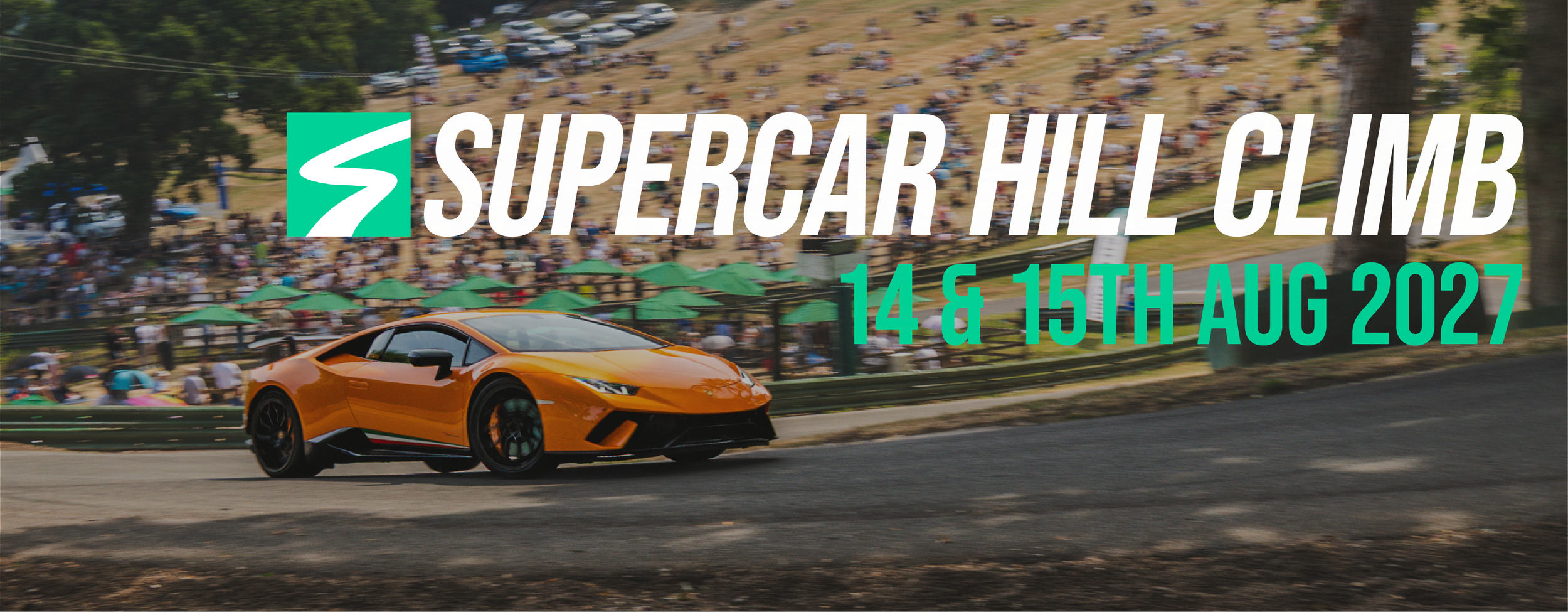 Steeleford Supercar Hill Climb at Prescott Hill, 14 and 15 August 2027, with an orange Lamborghini Huracán Performante on the hill