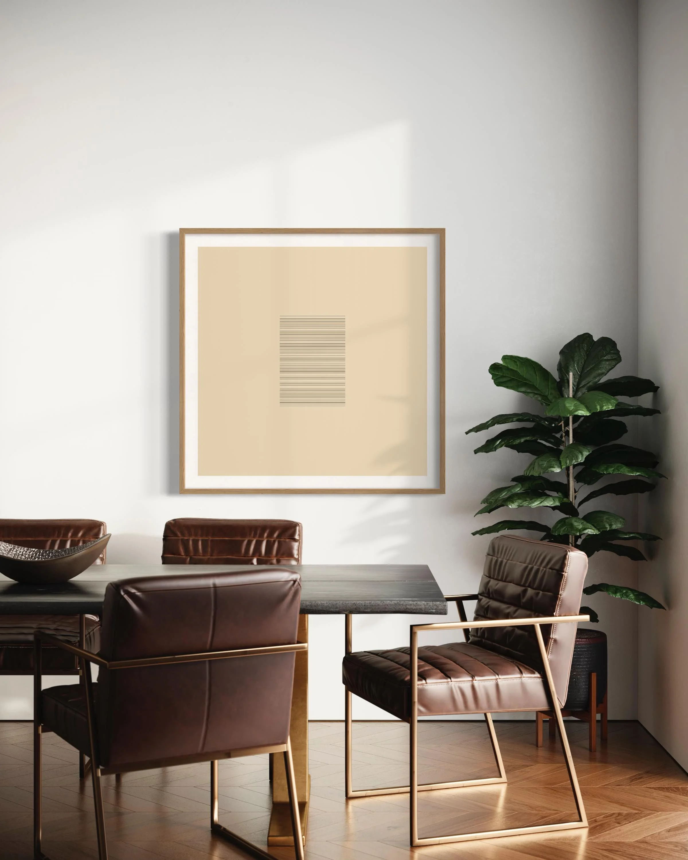 Modern conference room with a large dark wood table, brown leather chairs, a tall potted plant in the corner, and minimalist artwork on the white wall.