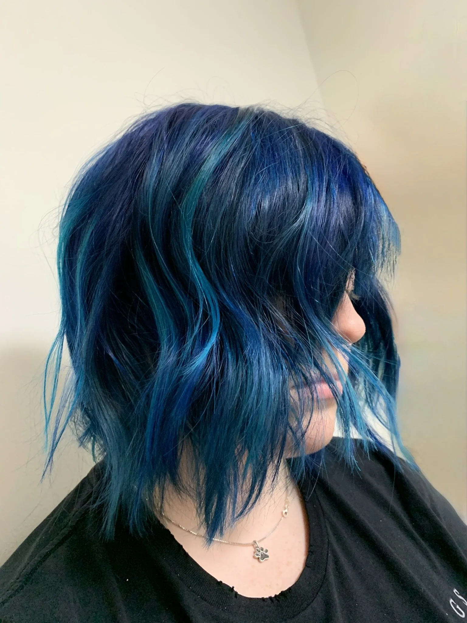 A woman with shoulder-length hair dyed in shades of blue and teal, styled in loose waves, wearing a black shirt and a butterfly necklace.