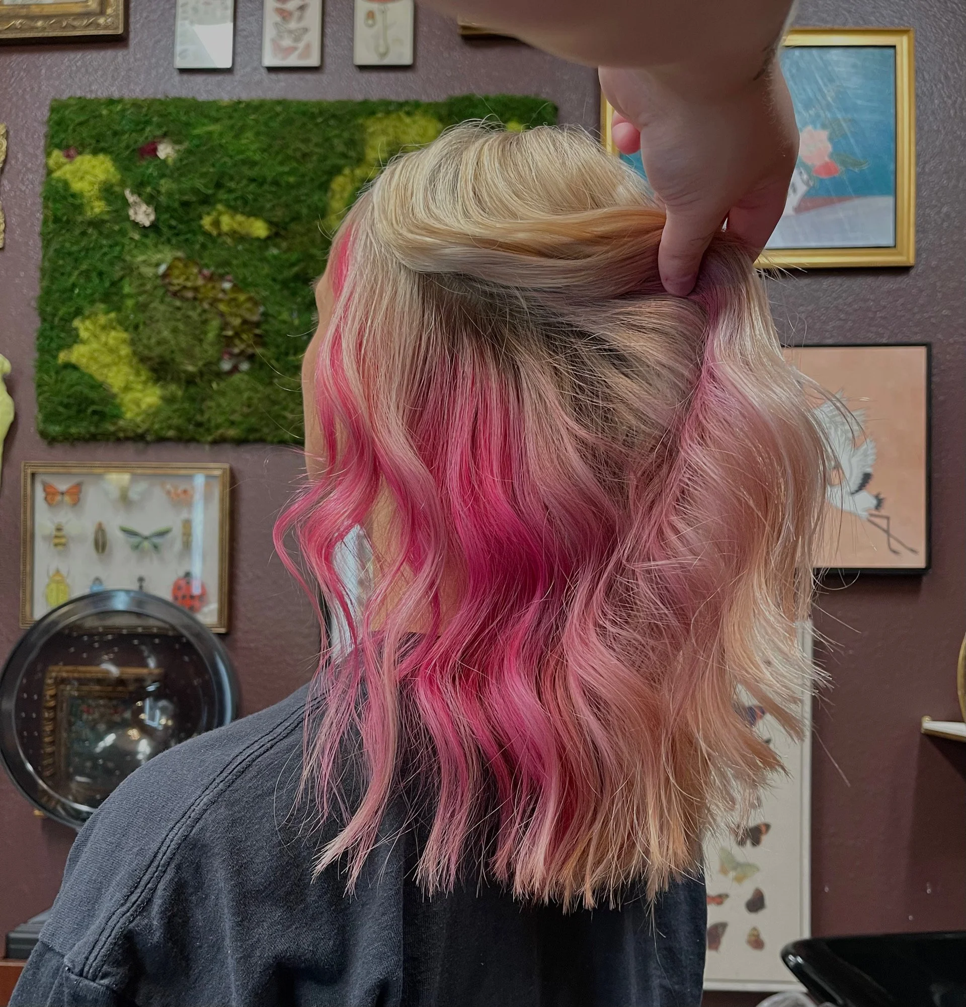 Back view of a woman with shoulder-length wavy hair, styled with pink highlights, in a hair salon.