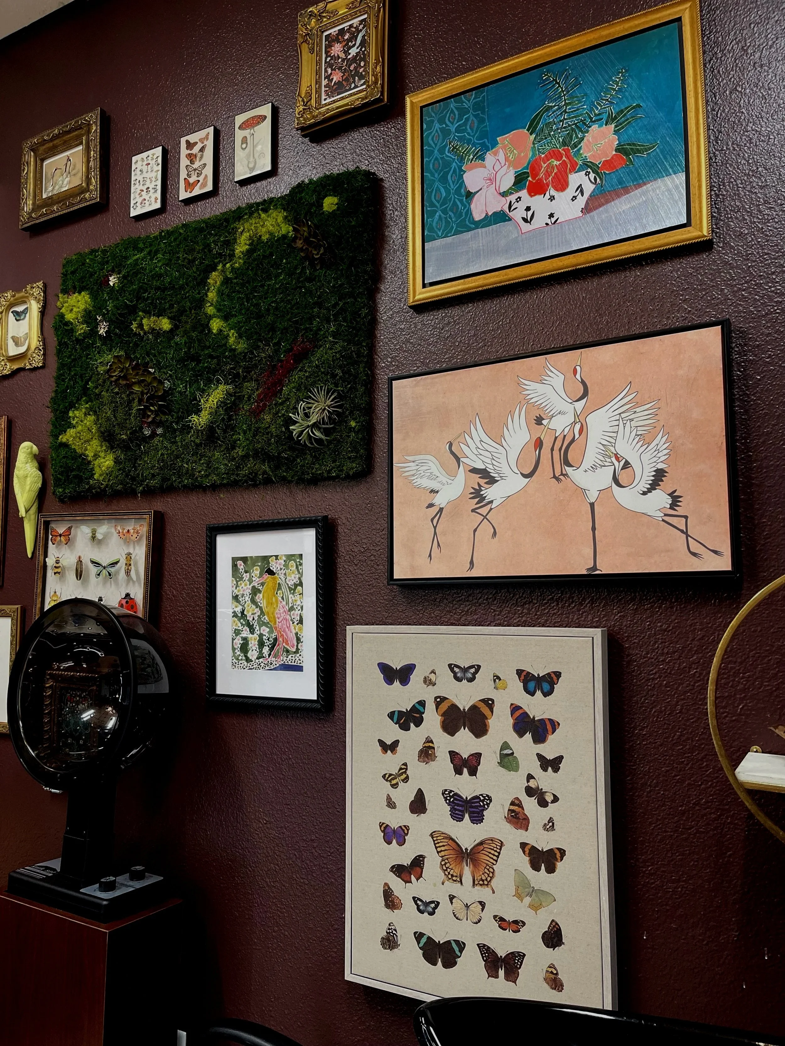 A gallery wall with various framed artwork, including paintings of flowers, butterflies, and cranes, a green moss art piece, and a vintage hairdryer on a stand, all set against a dark red textured wall.