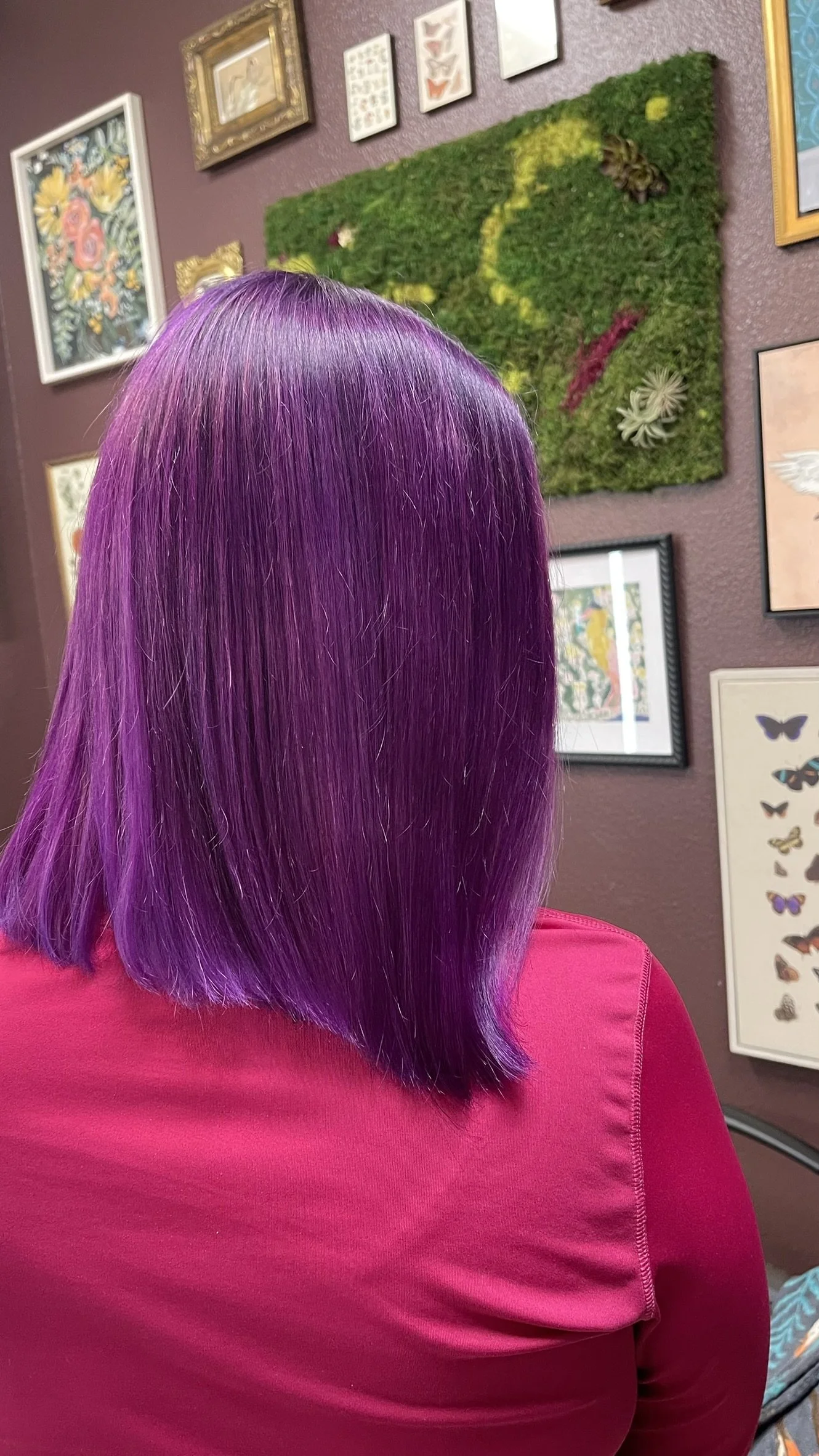 Back view of a person with straight, shoulder-length hair dyed in shades of purple and violet, wearing a pink top, in an art gallery with framed artwork and a green moss wall.