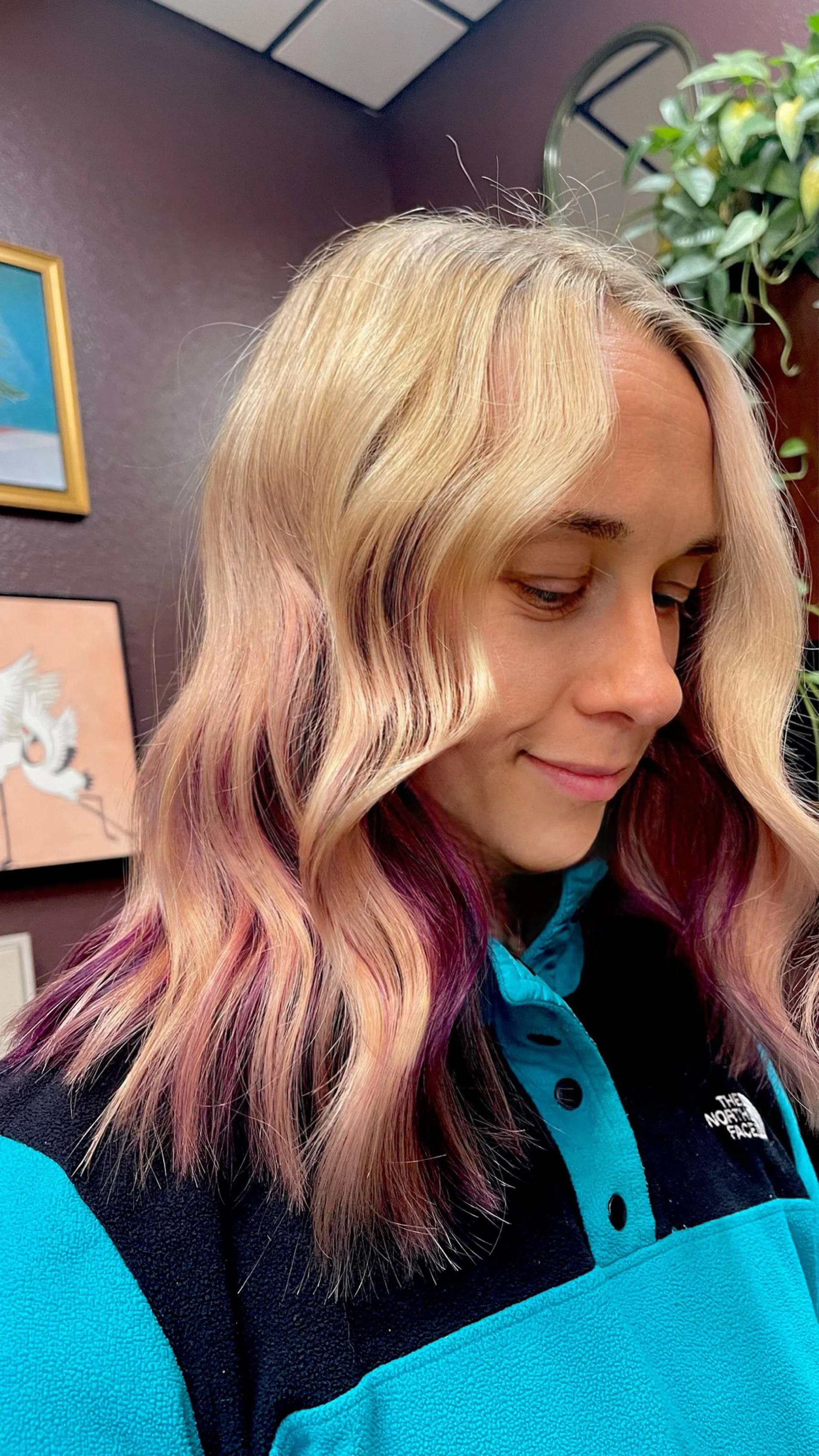 A woman with shoulder-length blonde hair with pink ends, smiling softly, wearing a blue and black North Face jacket, indoors with wall art and a potted plant in the background.