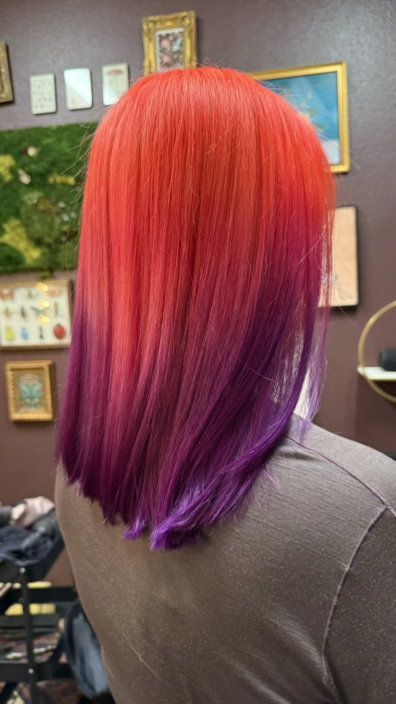 A person with straight, shoulder-length hair dyed in a gradient from bright red at the top to purple at the ends, sitting indoors with framed artwork on the wall behind them.