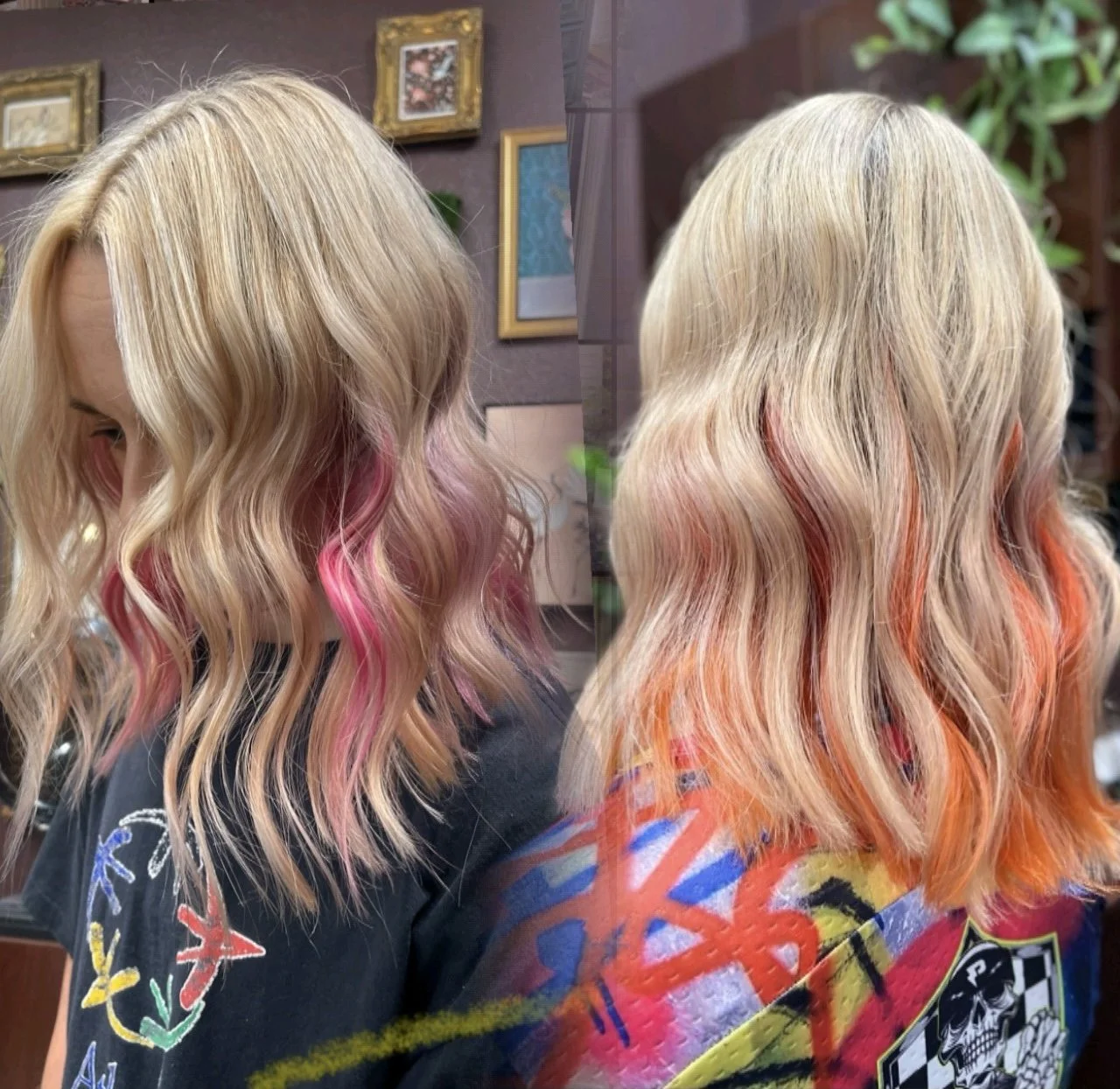 Before and after photos of a woman with blonde, wavy hair featuring pink and orange highlights, taken in a salon setting with framed pictures on the wall.