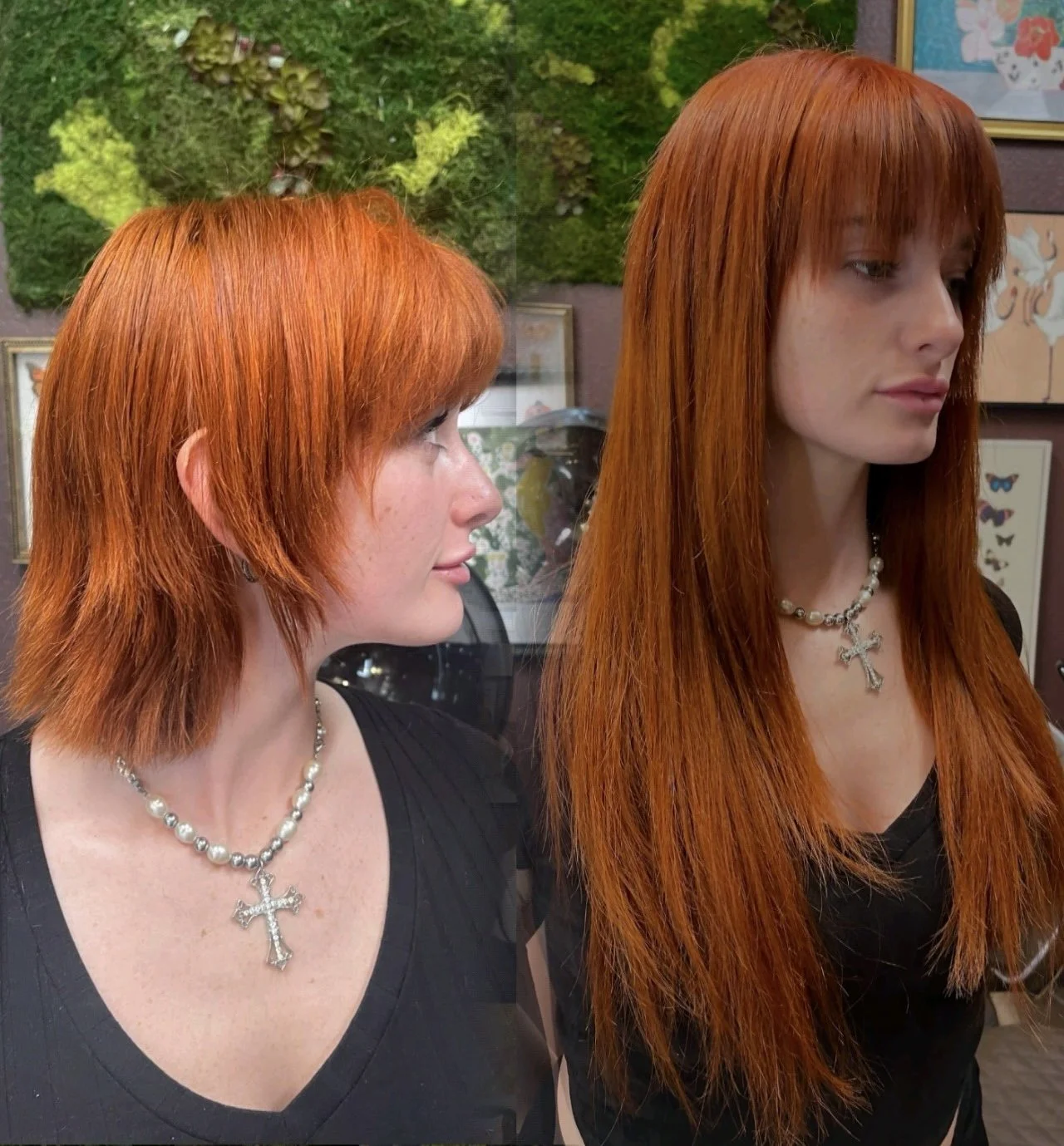 Side-by-side comparison of a woman with short, layered, fiery red hair on the left and long, straight, fiery red hair on the right, both wearing a black top, pearl necklace with a cross, and standing in a room with green wall art and butterfly pictur