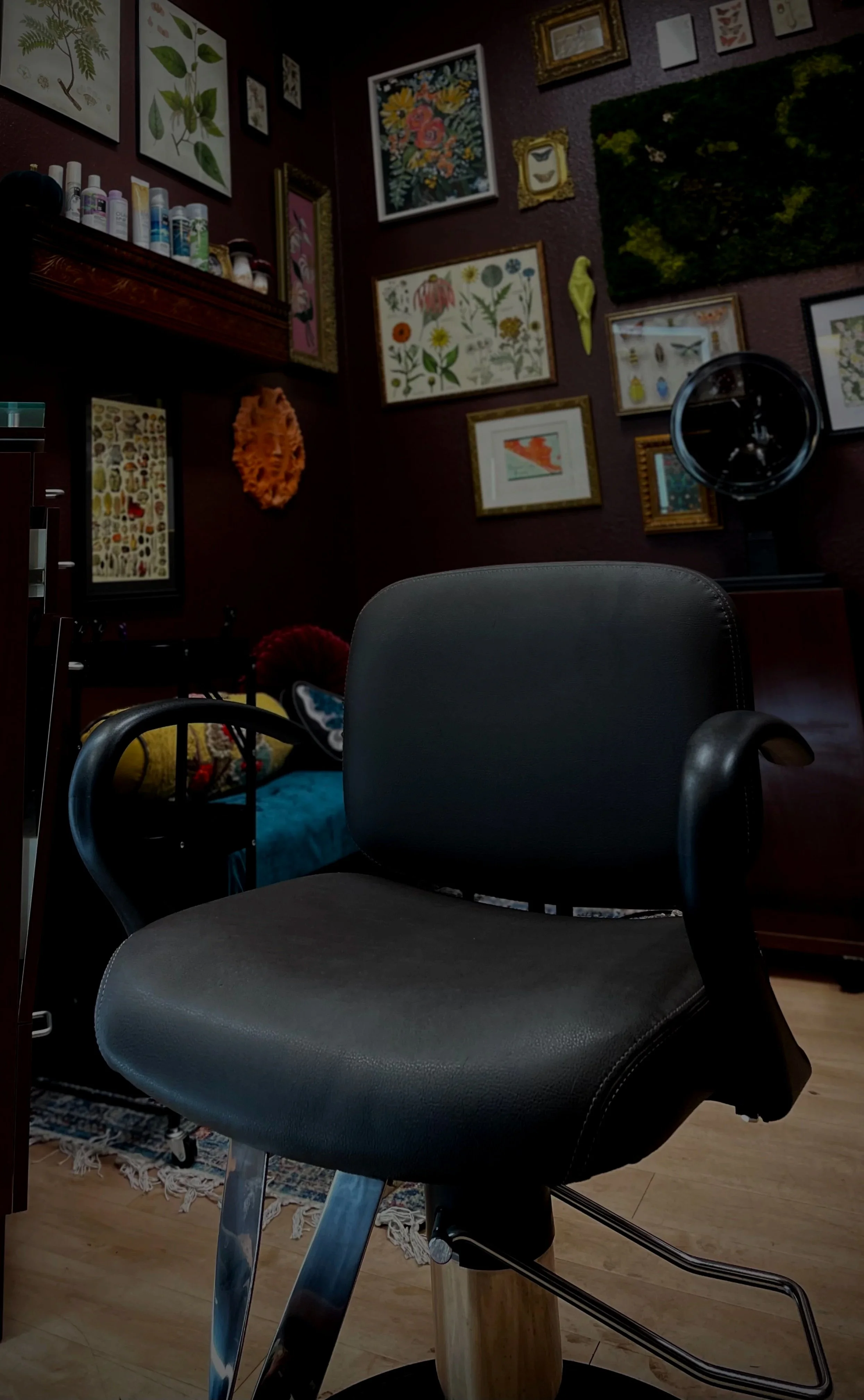 A black office chair with wooden armrests in the foreground. Behind it, there is a wall decorated with various framed botanical prints, artwork, and decorative items. On the left side, a bookshelf with bottles and jars is partially visible. The room has a cozy and artistic atmosphere with a dark accent wall and a wooden floor.