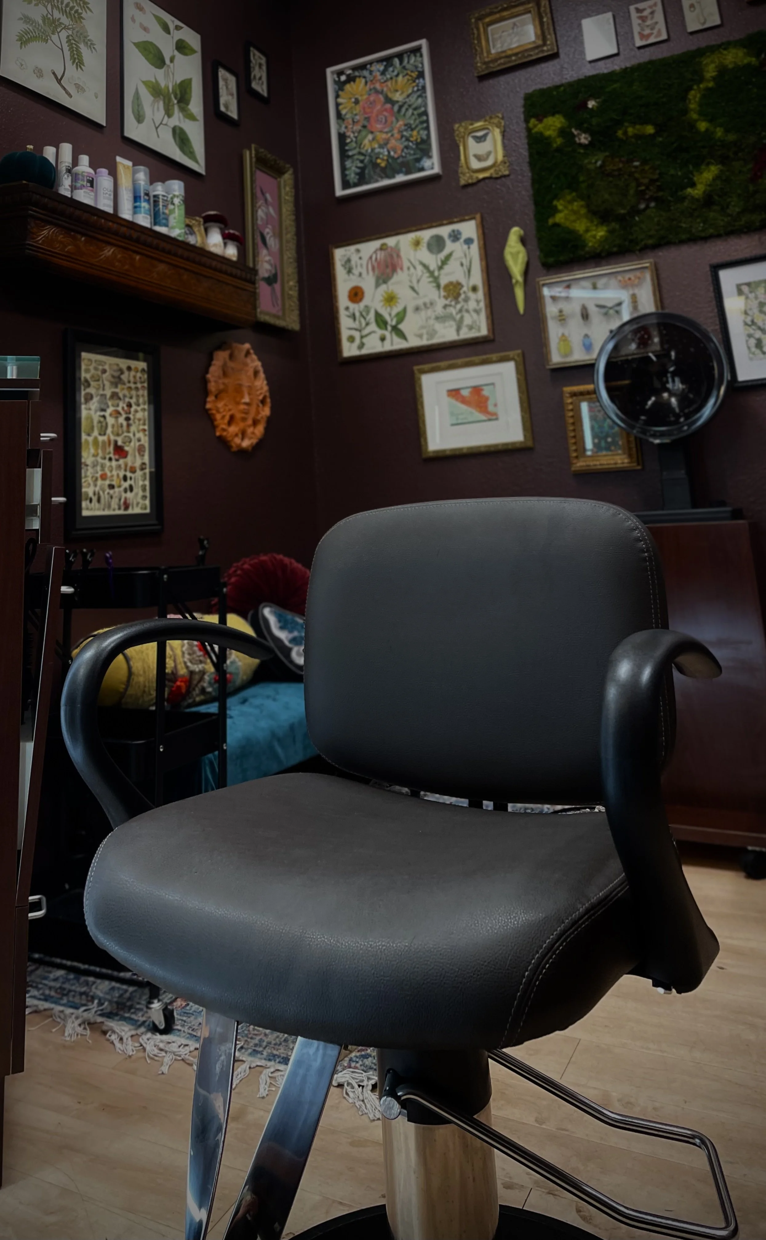 A black office chair with a padded seat and backrest, metal armrest on the left side, and a lever, situated in a room with a burgundy wall decorated with framed botanical prints, artwork, a green moss frame, and various small framed pictures.