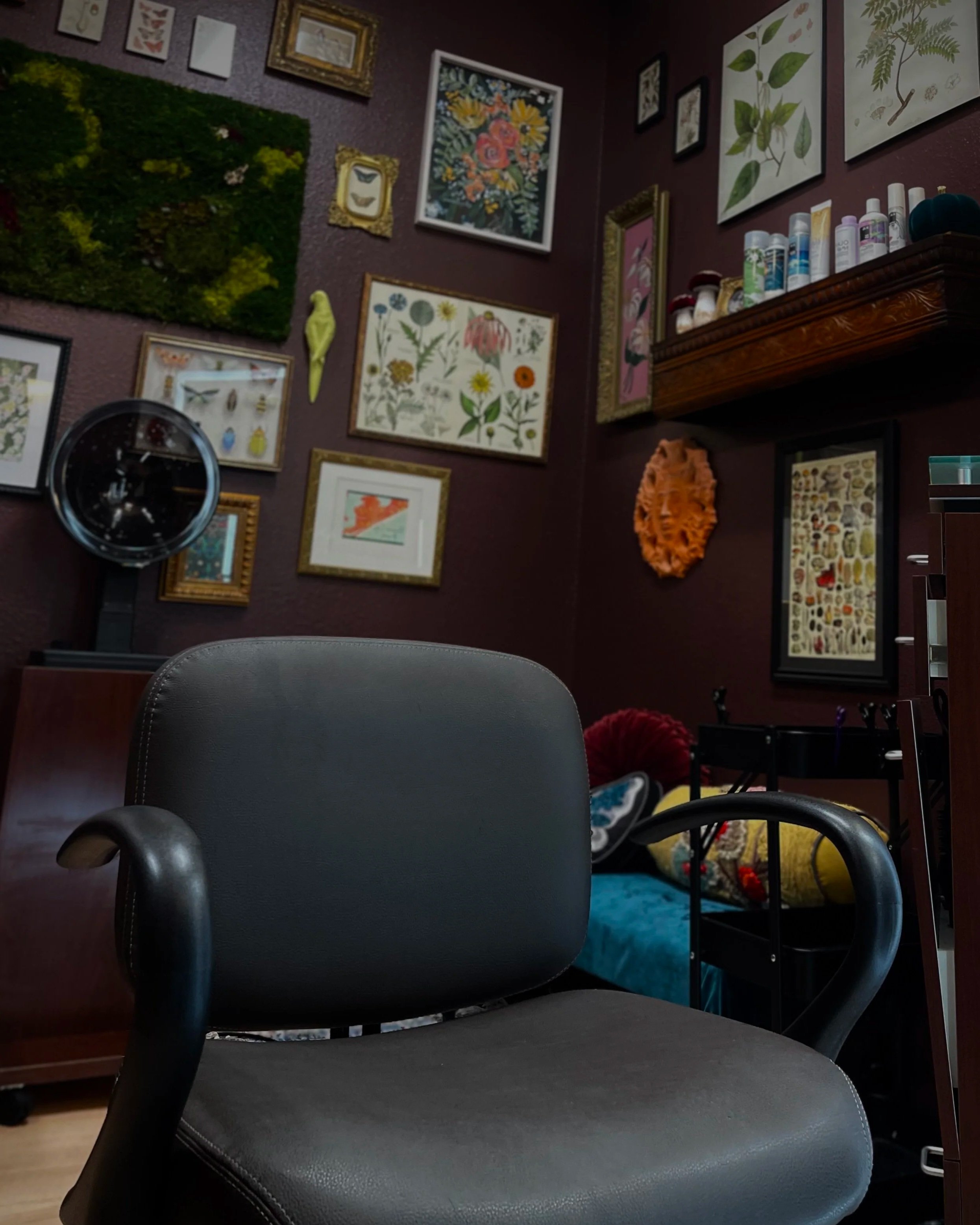 Black office chair in front of a wall decorated with framed artwork, including flowers, plants, and insects, in a room with purple walls and a wooden shelf with bottles and containers.
