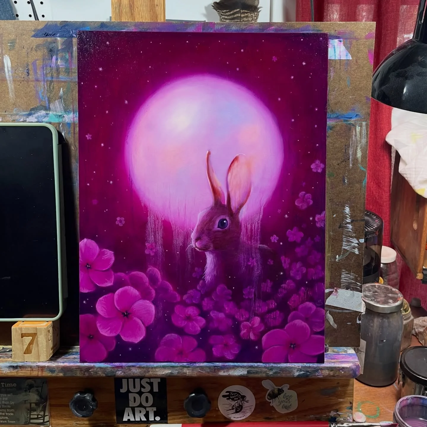 Here&rsquo;s a painting for the pink moon. The full moon in April. I don&rsquo;t think it&rsquo;s quite done yet. Maybe one more glaze of pink to get it really glowing. 

The pink moon is not named for the color of the moon but for the color of the p