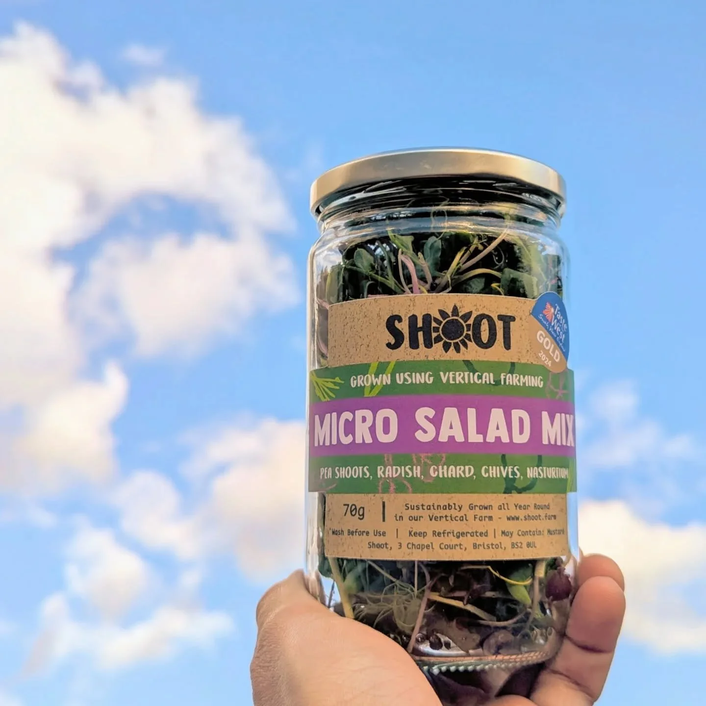 Salad in a jar! We've just added a delicious micro salad mix to our weekly re-usable glass deliveries - this is grown here in Bristol, and features a mix of pea shoots, radish, chard, chives and nasturtium - its a nutty, slightly peppery combo that c