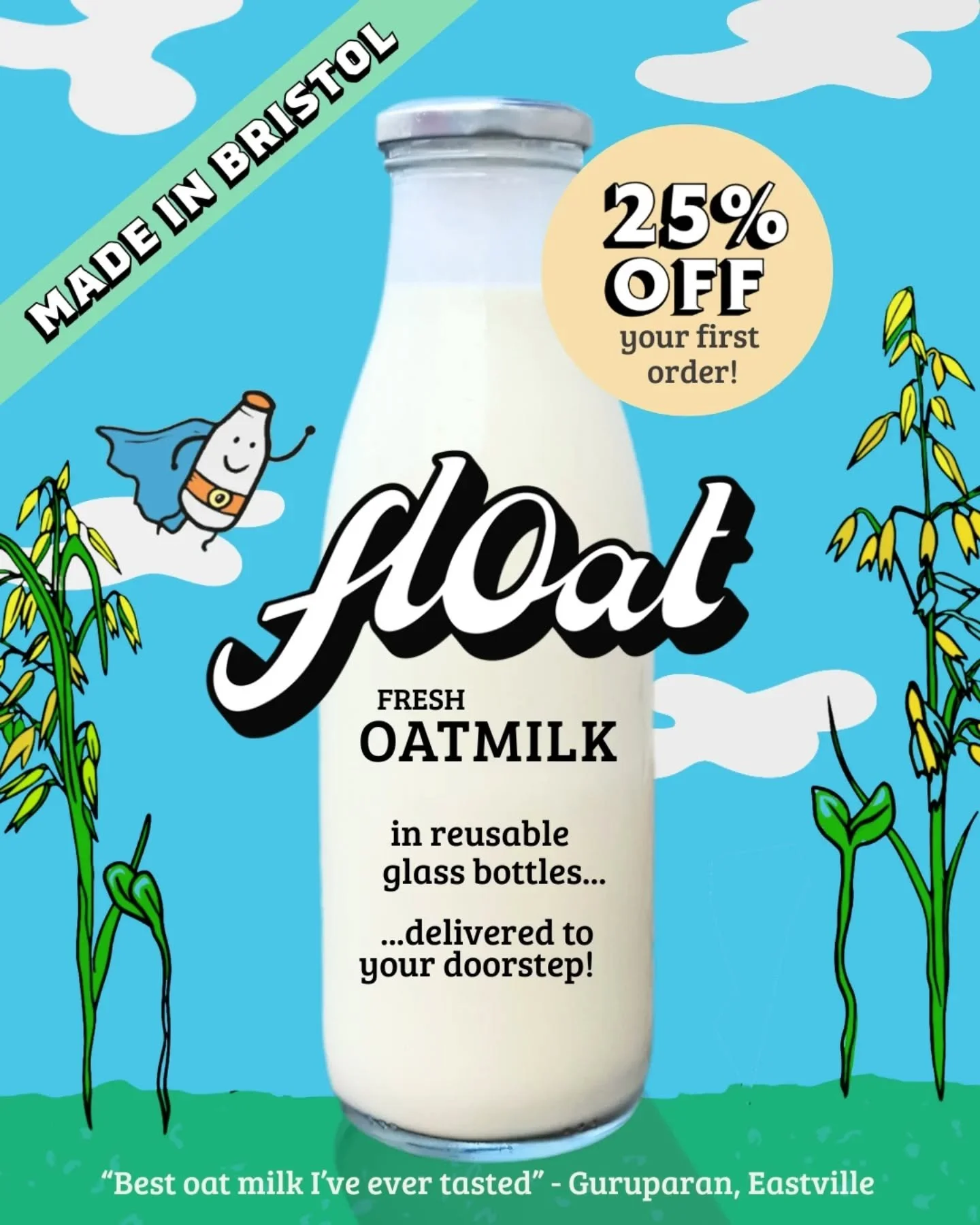 25% off first orders! We make and deliver fresh oatmilk in Bristol, as well as delivering @thebristolloaf bread and @shootthefarm salad.  All bottles are collected, washed and re-filled, like the good ol' days. Give it a try, it tastes better than wh