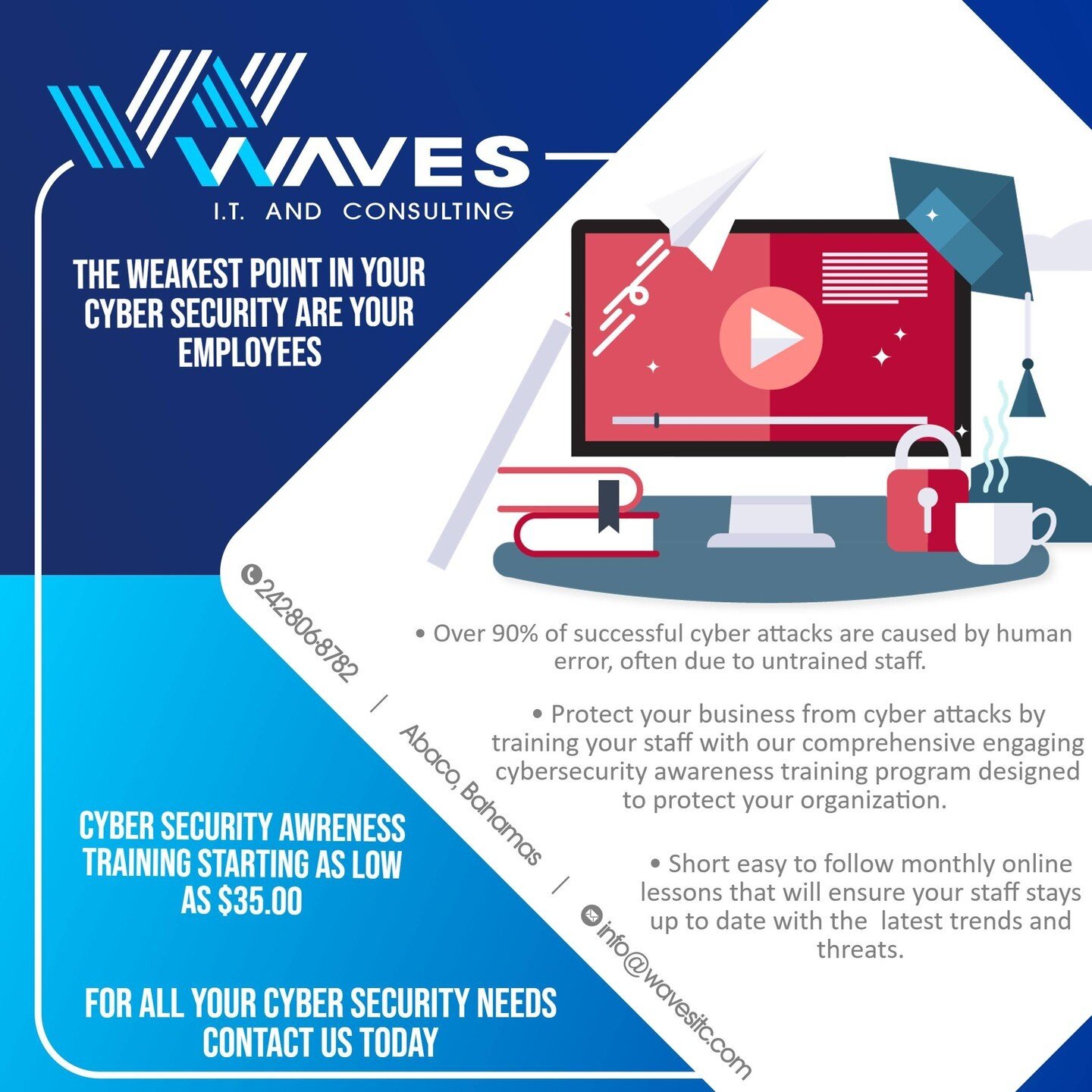 Protect your business from cyber attacks! Sign up for our Cyber Security Awareness Training and educate your team on best practices for online safety. Contact us today to schedule a training session! #CyberSecurity #OnlineSafety #ProtectYourBusiness 