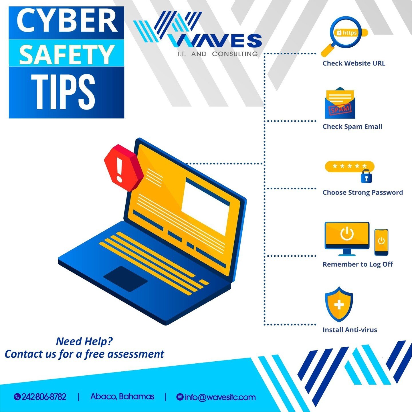 Protect your business from cyber attacks with these quick tips! From regular software updates to employee training, make sure you're doing all you can to stay secure online. And for expert Cyber Security Services, trust Waves I.T. &amp; Consulting to