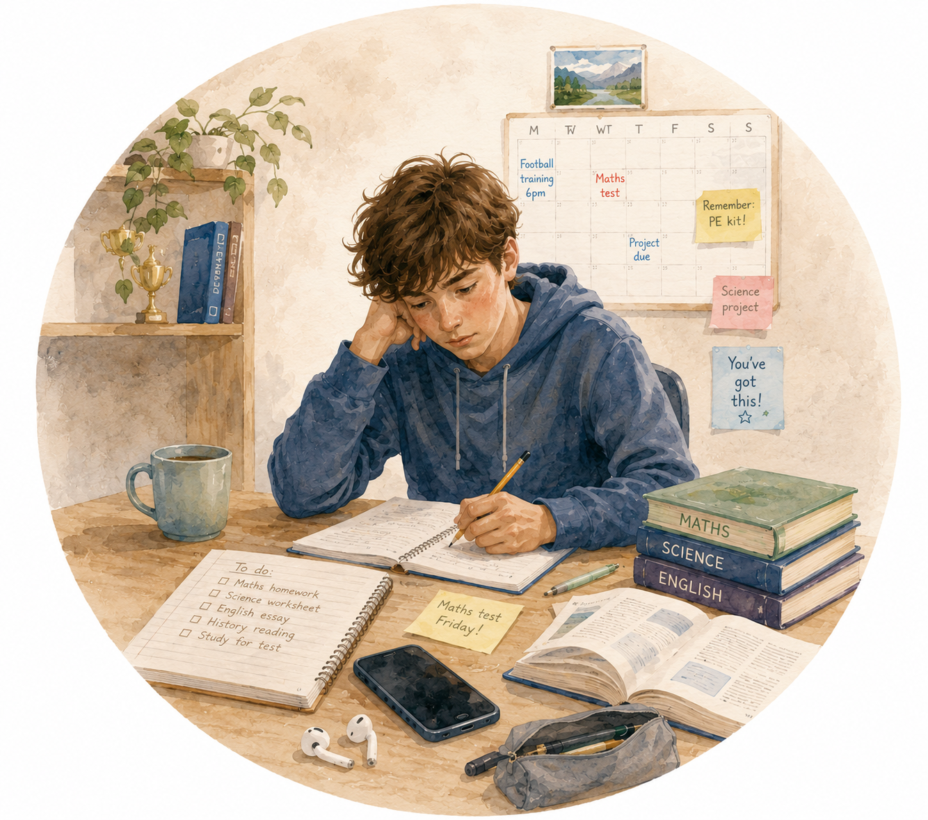 Teenager studying at a desk while struggling with focus and organisation