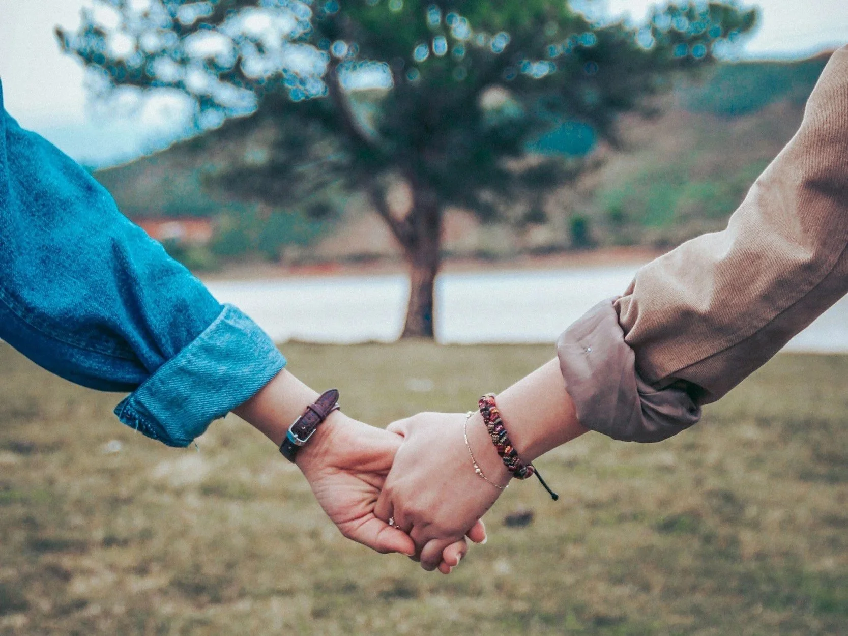 Two people holding hands outdoors with a blurred tree and landscape in the background.
