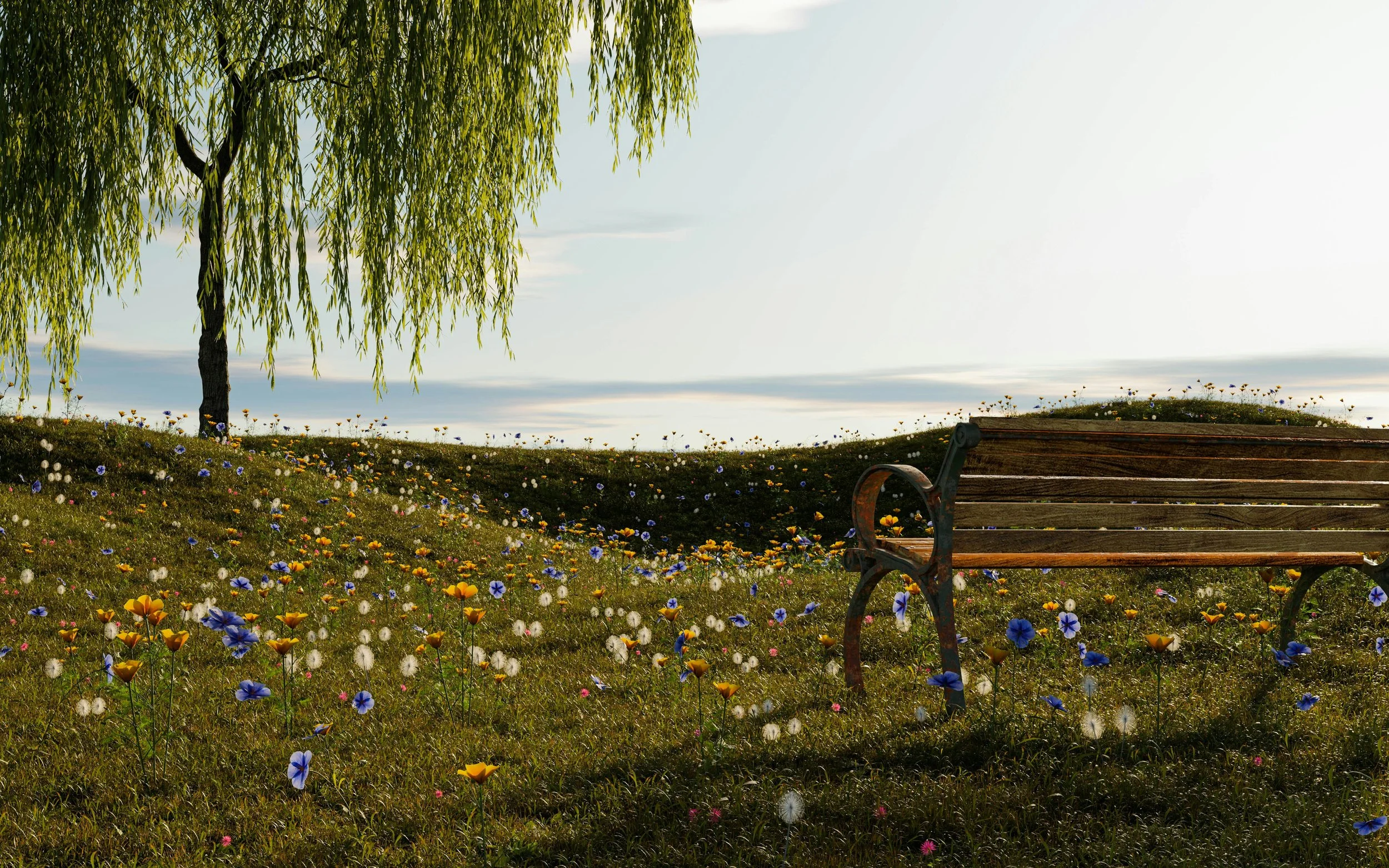 Empty wooden park bench under a leafy tree with green grass and more trees in the background. Journeys Therapy Center. Counselor near me.
