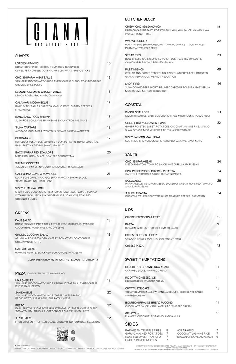 MENU — GIANA RESTAURANT + BAR