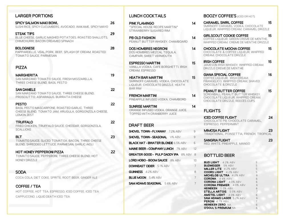 MENU — GIANA RESTAURANT + BAR