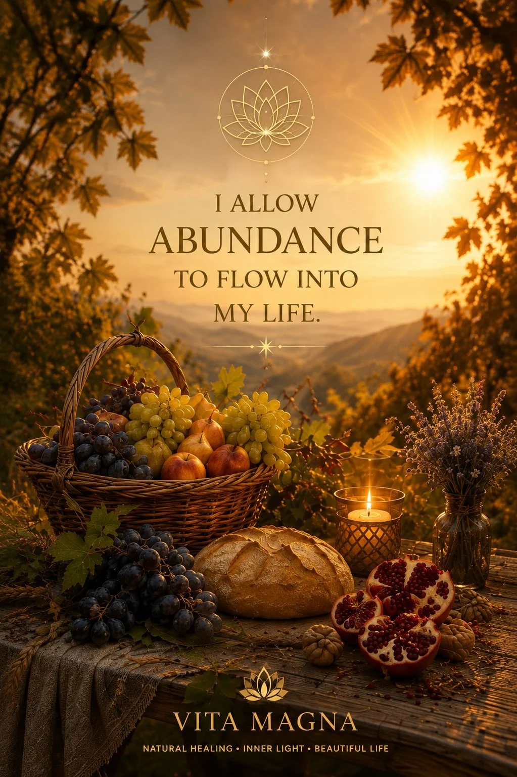 A basket of grapes, apples, and other fruits sits on a rustic table with bread, a candle, and a vase of flowers, set outdoors during sunset with trees and mountains in the background. An inspirational message reads: 'I allow abundance to flow into my life.'