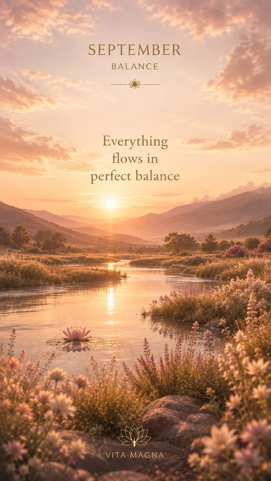 Vita Magna September Balance phone wallpaper featuring a serene river landscape, pink water lily, soft flowers and mountains beneath a warm pastel sunset