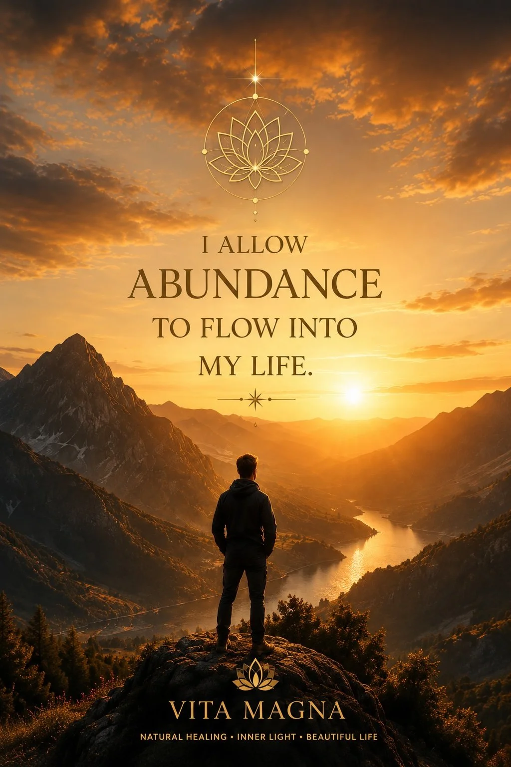 A person standing on a rocky ledge overlooking a river and mountains at sunset, with an overlay of an inspirational quote about abundance and a lotus flower symbol.
