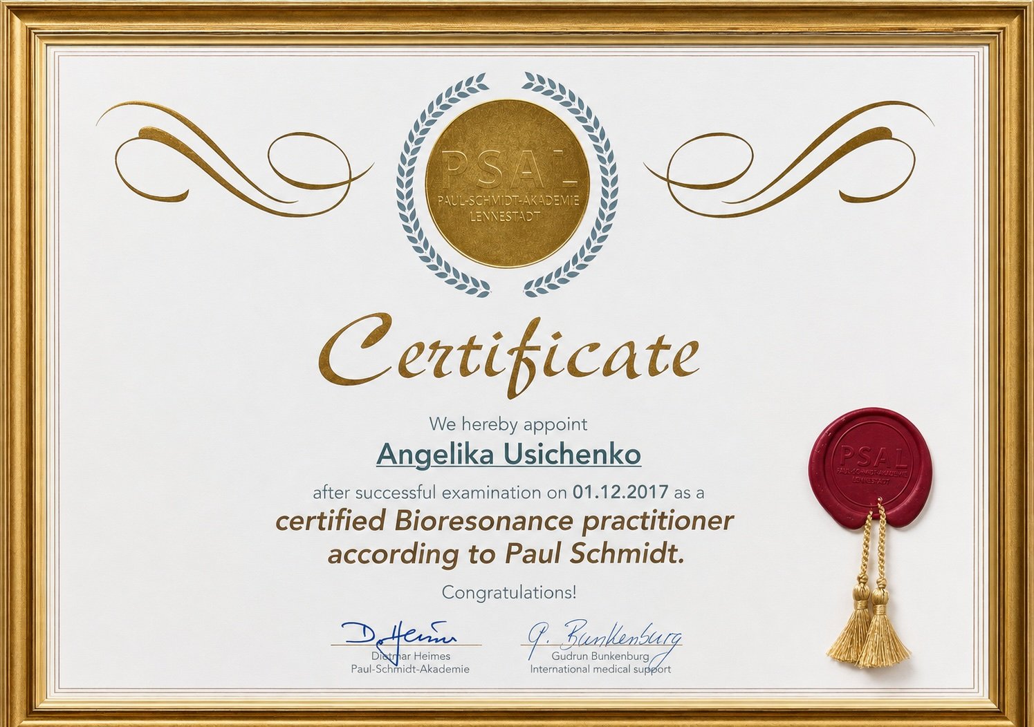 A framed certificate awarded to Angelika Usichenko for passing the exam as a certified Bioresonance practitioner according to Paul Schmidt, with a gold and red seal and signatures.
