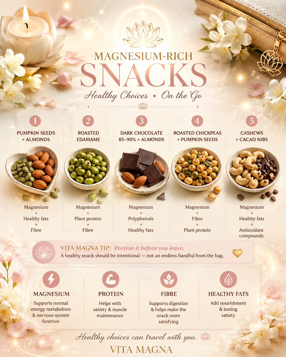 Magnesium-rich snack ideas with pumpkin seeds, almonds, roasted edamame, dark chocolate, chickpeas, cashews and cacao nibs.