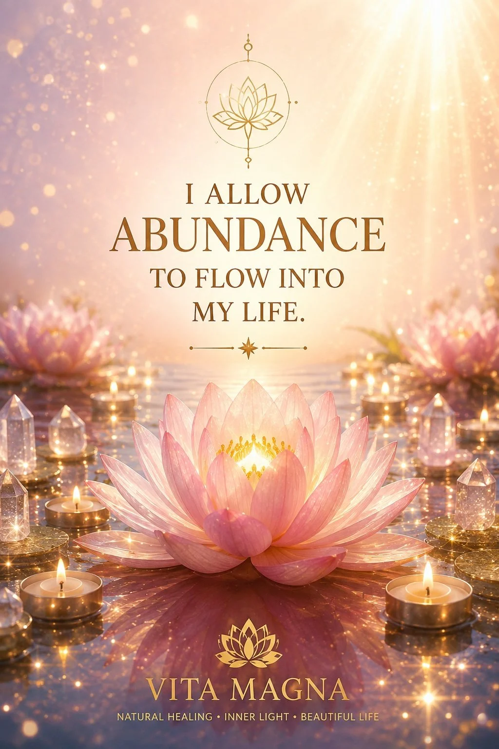 A glowing pink lotus flower surrounded by floating candles and crystals, with a soft, radiant background. Overlaid text reads 'I allow abundance to flow into my life,' with the words 'Vita Magna' at the bottom and additional text 'Natural Healing, Inner Light, Beautiful Life.'