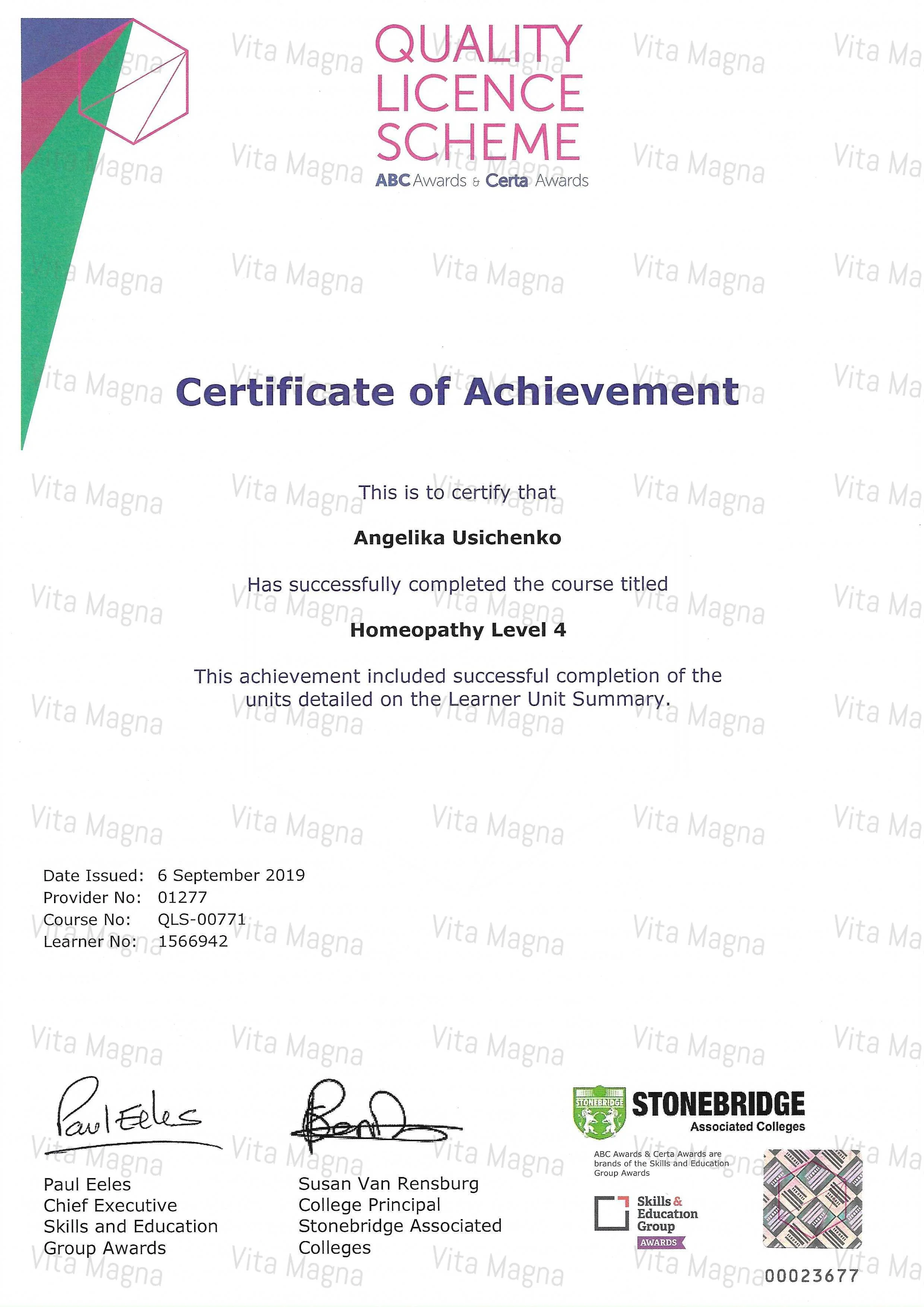 Certificate of Achievement for Angelika Usichenko for completing Homeopathy Level 4, issued on September 6, 2019 by Stonebridge Associated Colleges.