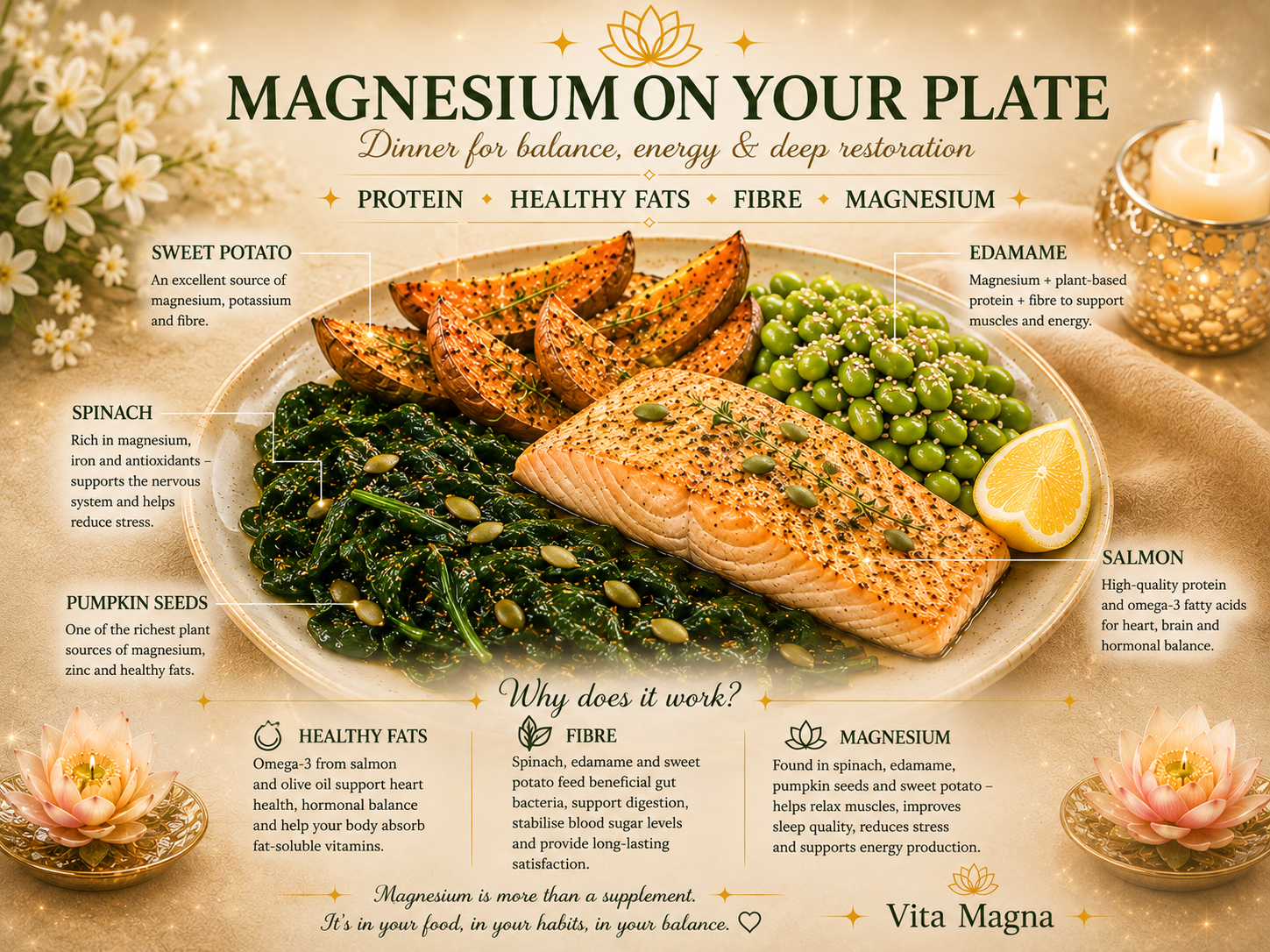 A plate of healthy food with salmon, sweet potato wedges, edamame beans, spinach, and pumpkin seeds, surrounded by flowers and a lit candle, with text describing the benefits of magnesium for health.