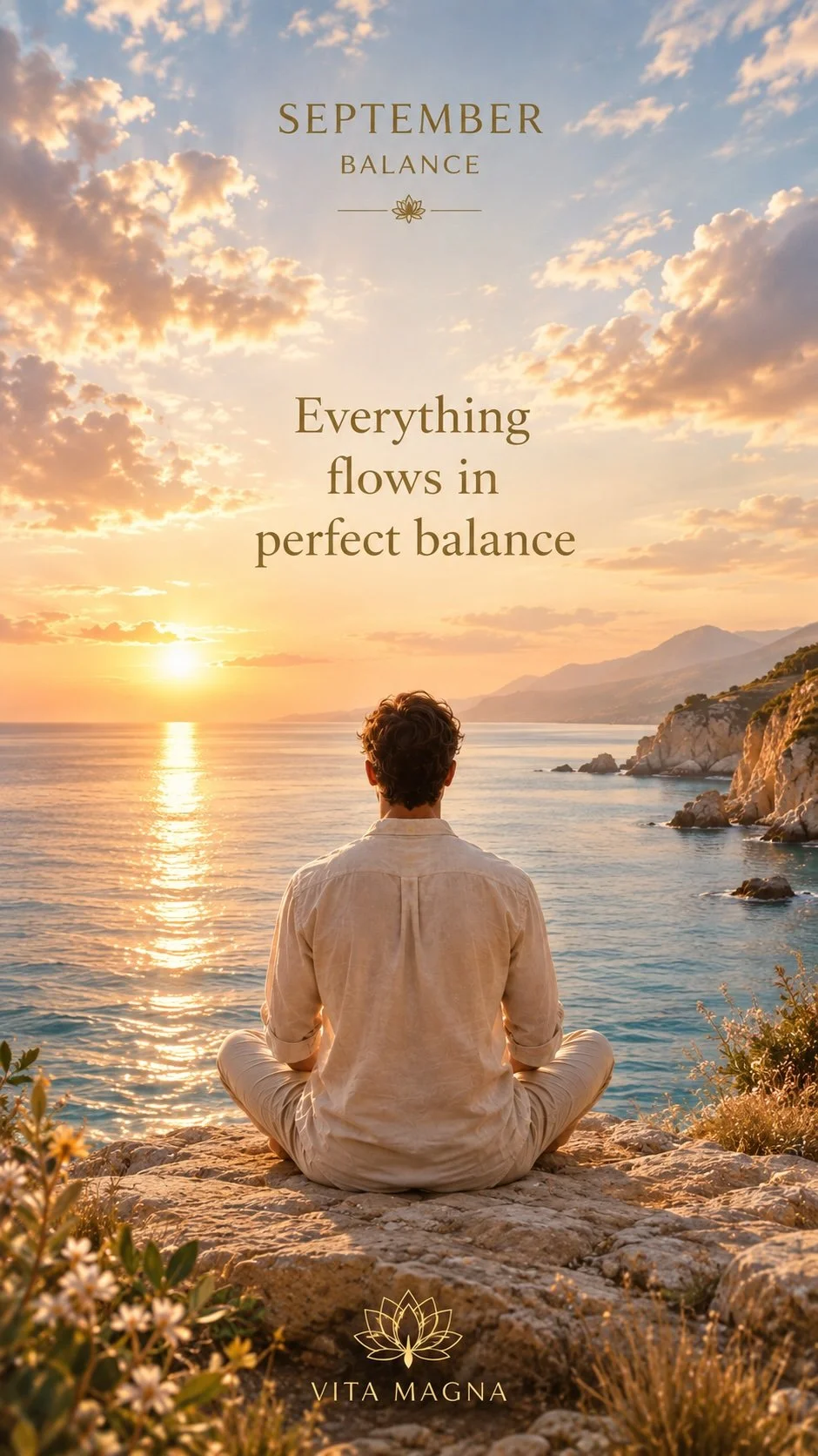 Vita Magna September Balance premium phone wallpaper featuring a glowing golden landscape, lotus flowers and the affirmation “Everything flows in perfect balance”