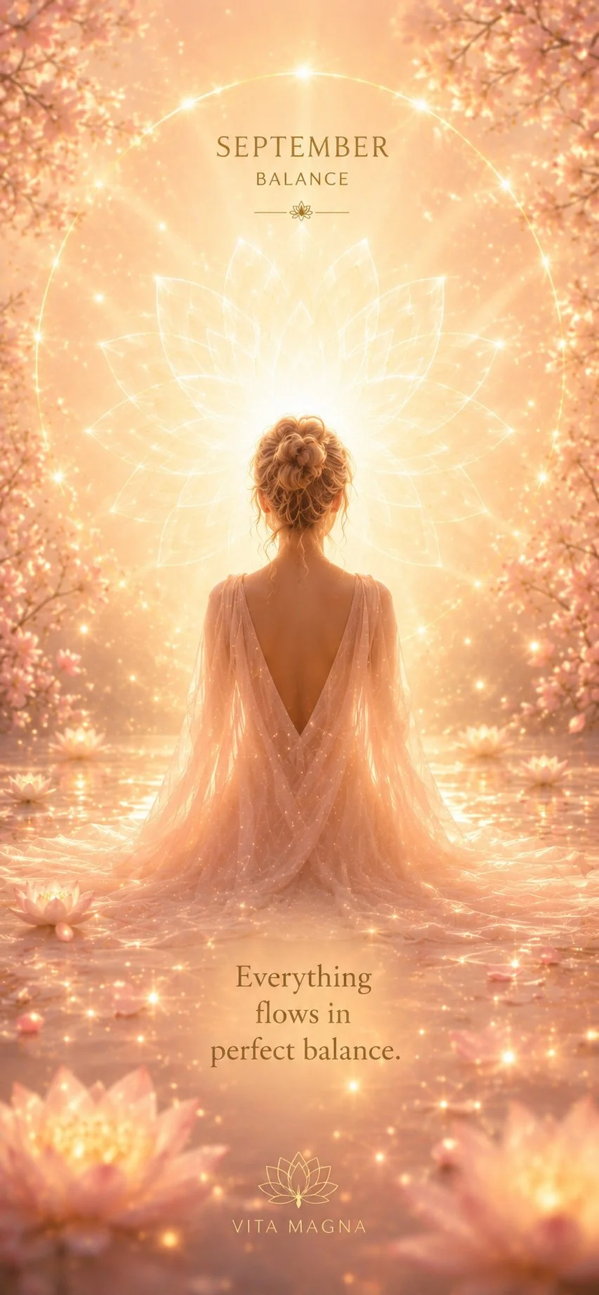 Vita Magna September Balance phone wallpaper featuring a woman in a flowing pink dress surrounded by lotus flowers, warm golden light and the affirmation “Everything flows in perfect balance”