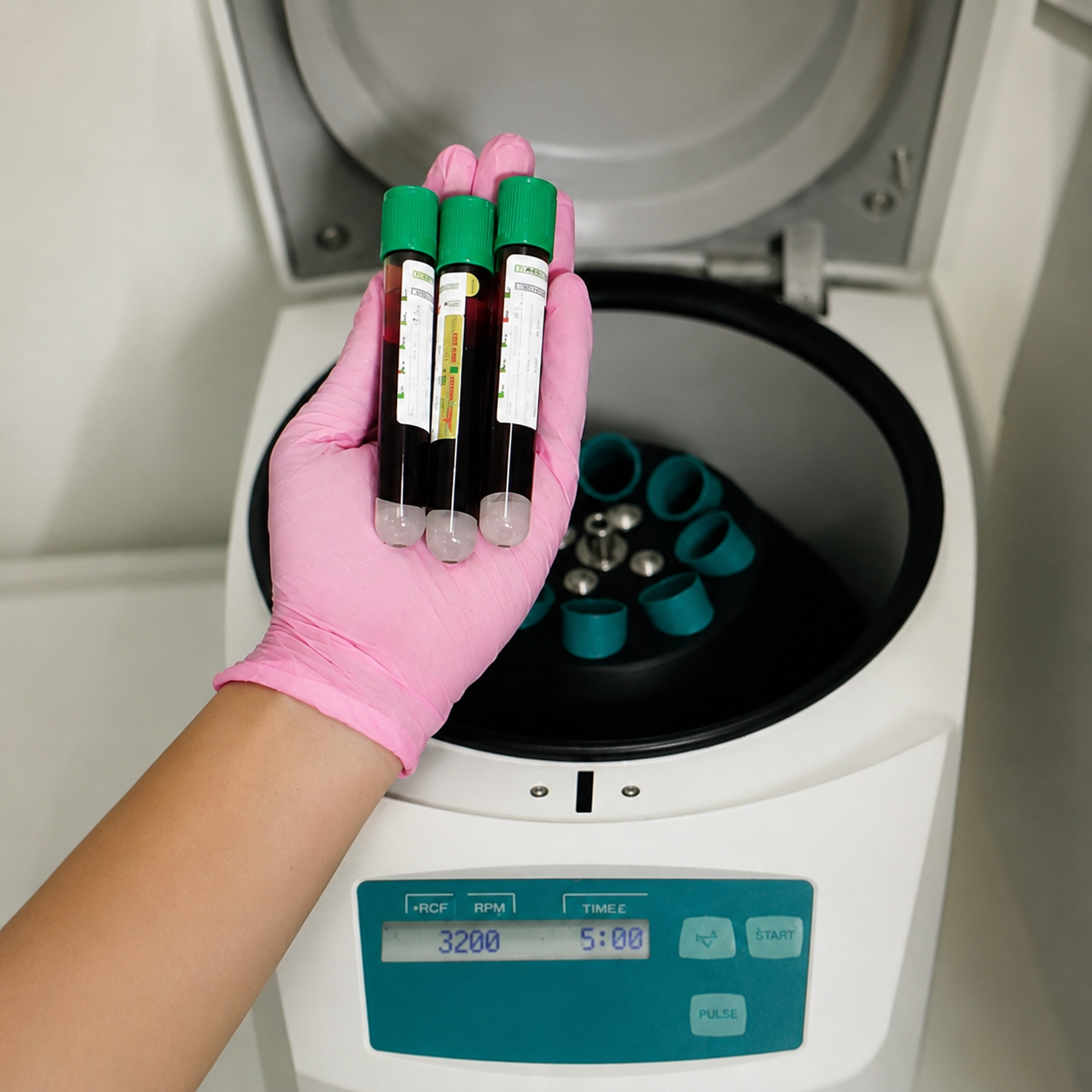 Preparation of platelet-rich plasma (PRP) at Vita Magna using the client’s own blood and a medical centrifuge.