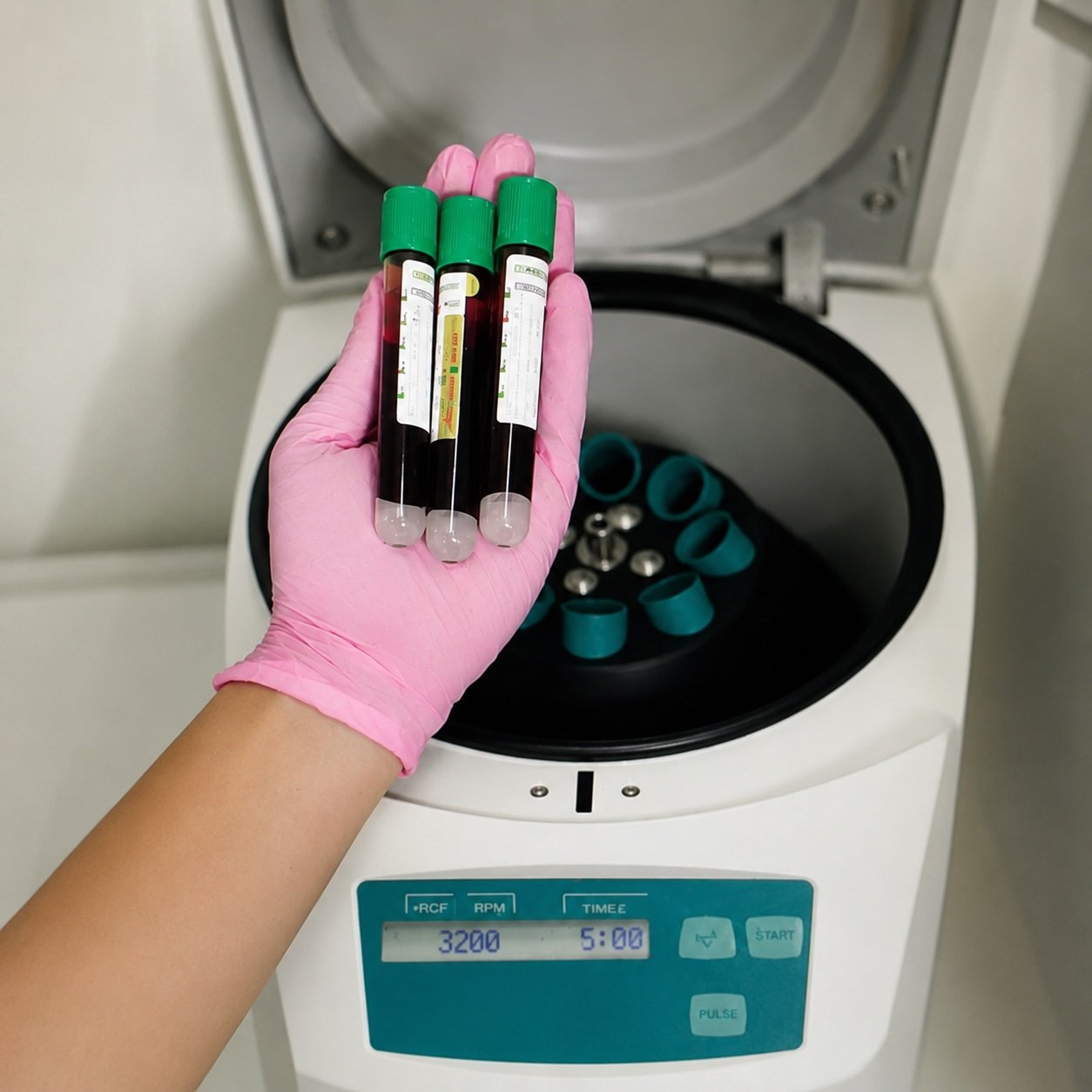 Platelet-rich plasma (PRP) preparation at Vita Magna using a medical centrifuge for personalised regenerative treatments.