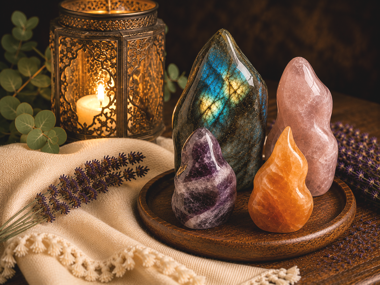 A decorative green and blue stone sculpture shaped like a teardrop, a small white bowl with purple flowers, and a wooden block with a blue letter B, all placed on a wooden surface in front of a large astrology chart.
