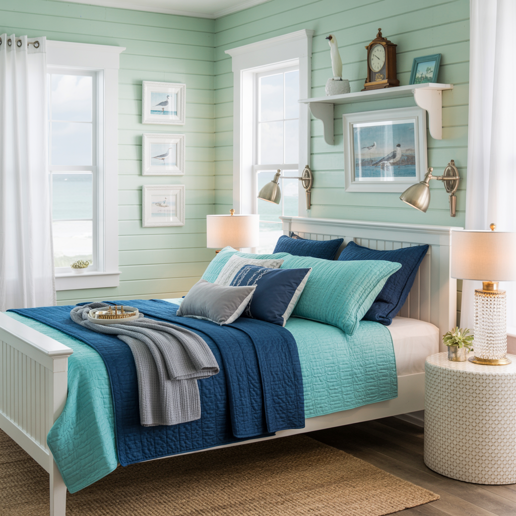 A coastal-themed bedroom with mint green shiplap walls and white trim.