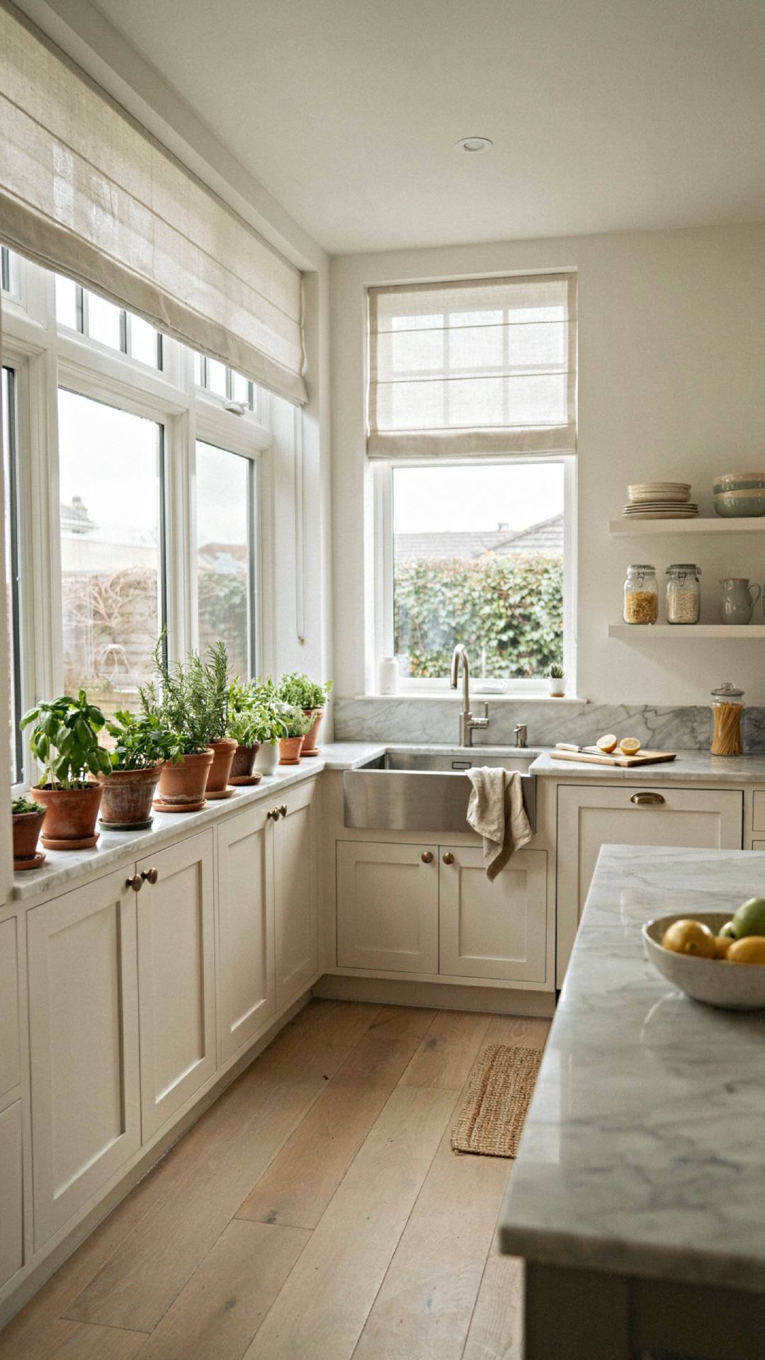 Full wide kitchen shot with large windows on two walls flooding the room with natural light, simple linen roman shades, herbs in vintage jars on the windowsill, white cabinetry, warm and airy atmosphere, photorealistic