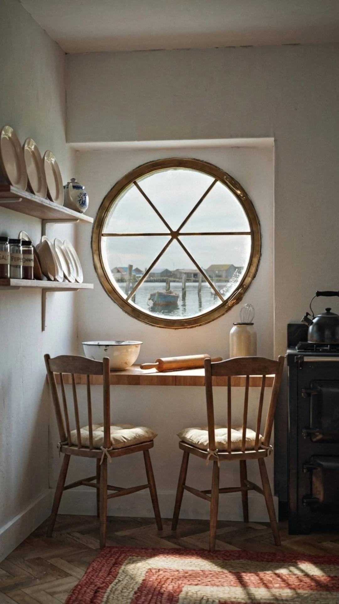 Round porthole style window in 1920s coastal kitchen