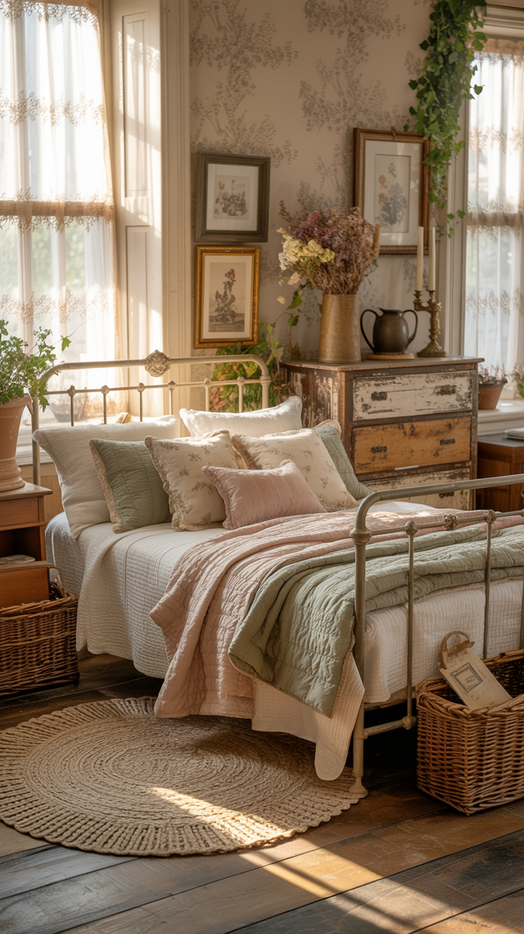 a charming cottagecore bedroom with soft natural lighting.