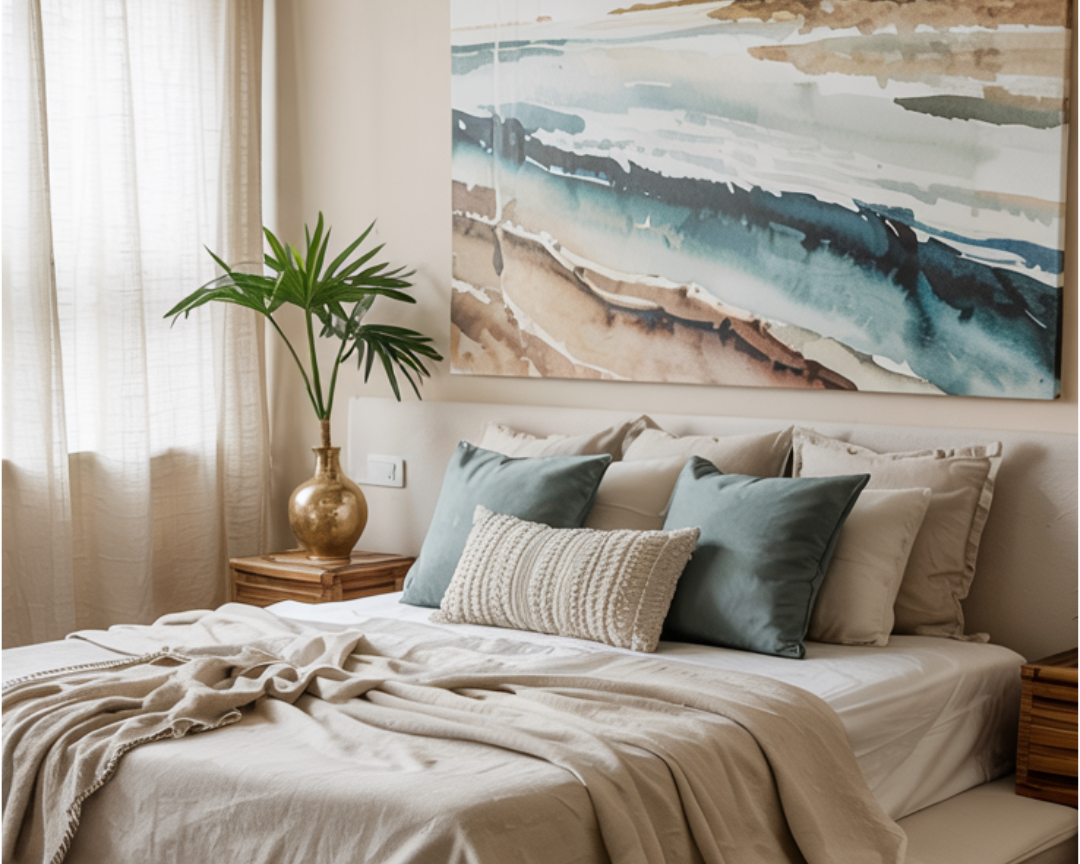 a sandy beige and blue boho bedroom.