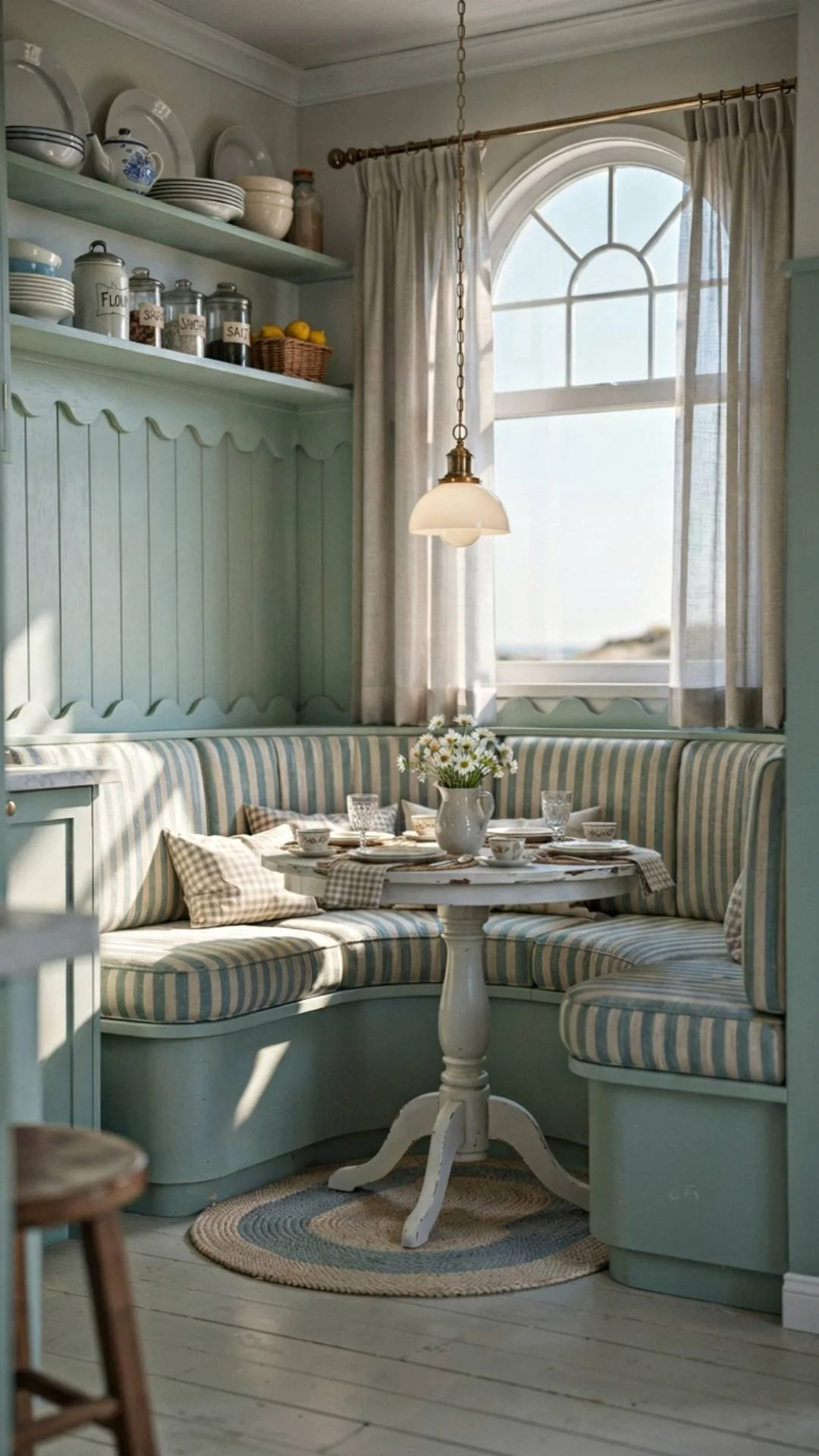 Curved built in breakfast nook seating vintage coastal kitchen