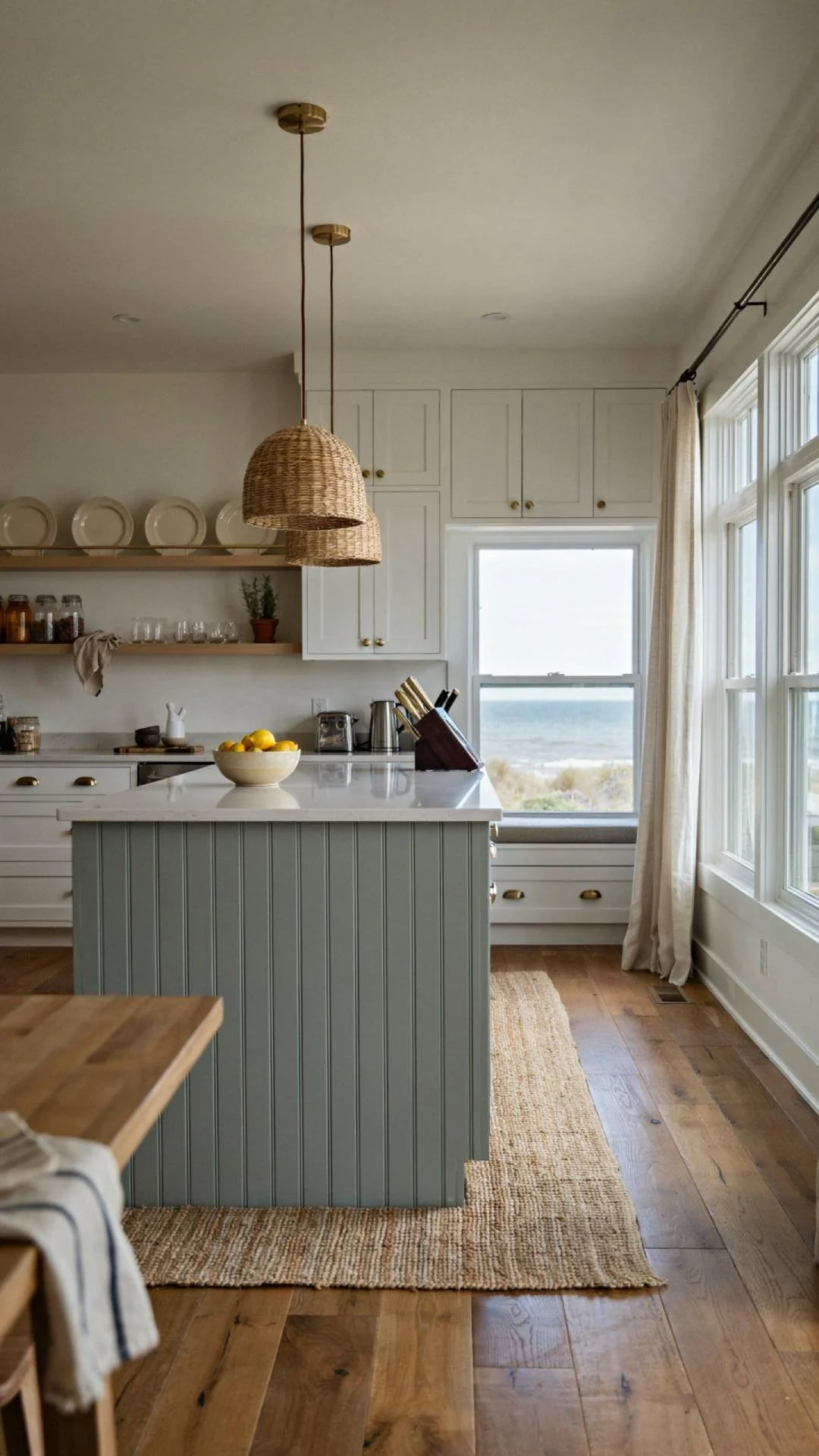 a coastal kitchen with a sage green beadboard island base, white upper cabinets, brass hardware, open shelving on the far wall, warm wood floors, natural window light