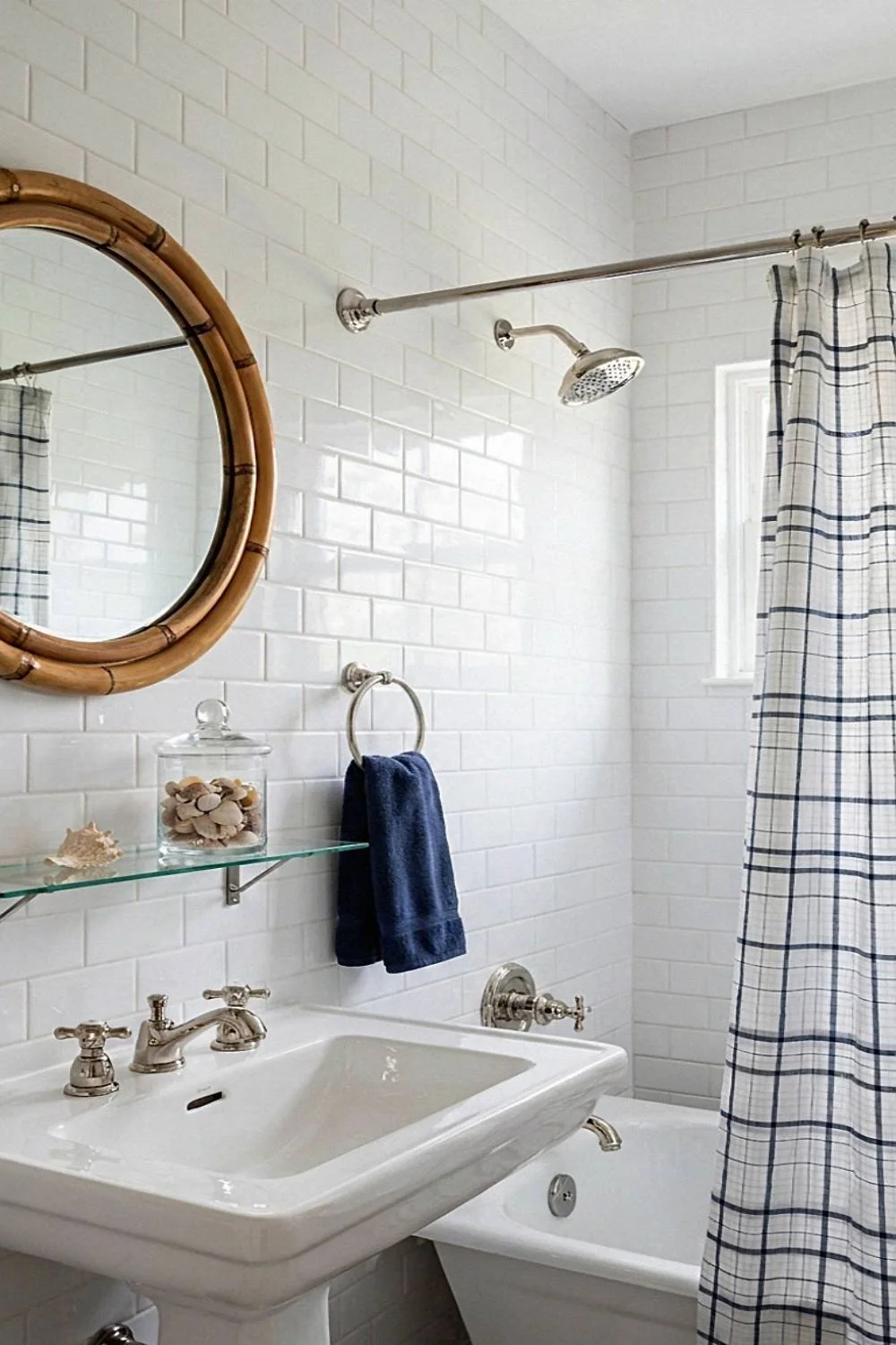 a modern blue and white nautical inspired small coastal bathroom.