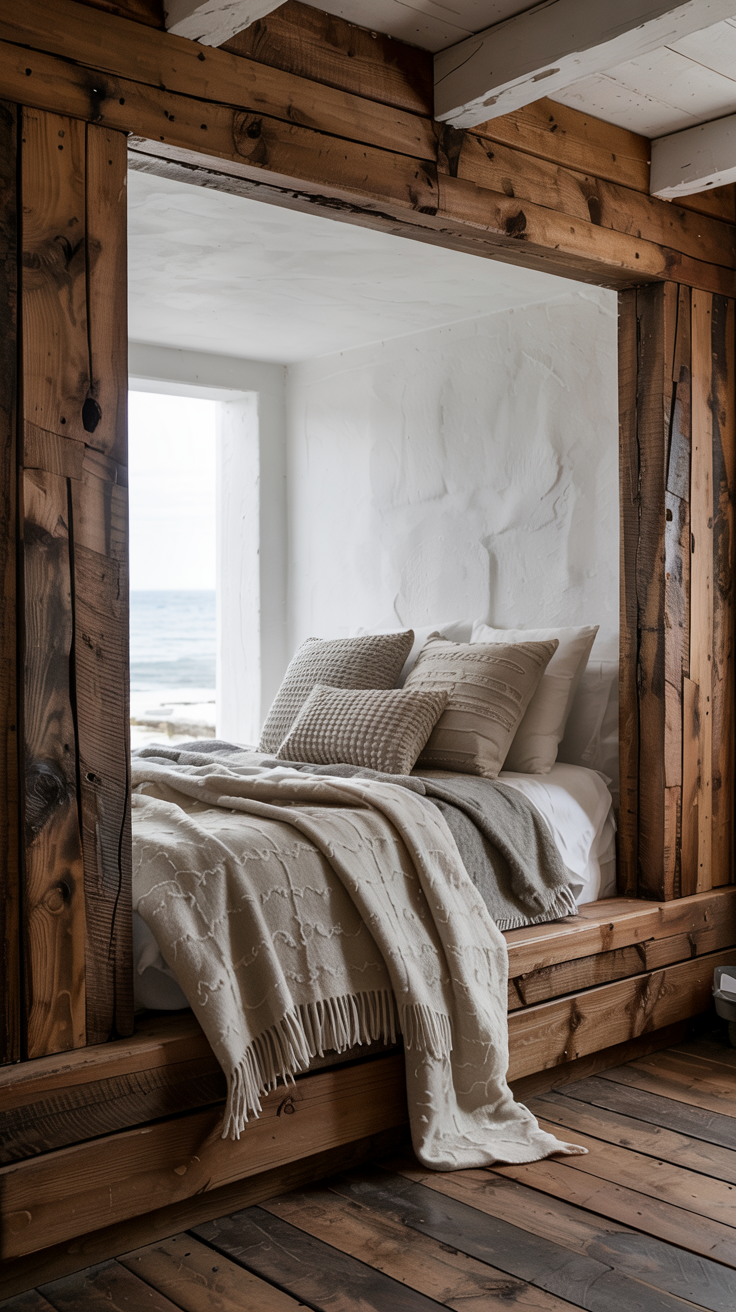 A built-in alcove bed framed entirely in dark, rustic reclaimed wood, with thick, cozy blankets.