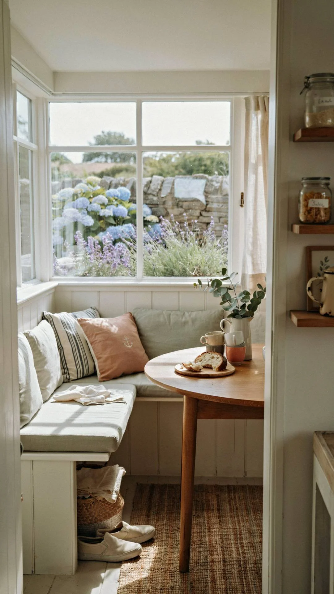 Full wide shot of a breakfast nook in a coastal cottage kitchen, built-in bench seating with storage, round wood table, outdoor fabric cushions and throw pillows, large window with a garden view, warm natural light, photorealistic